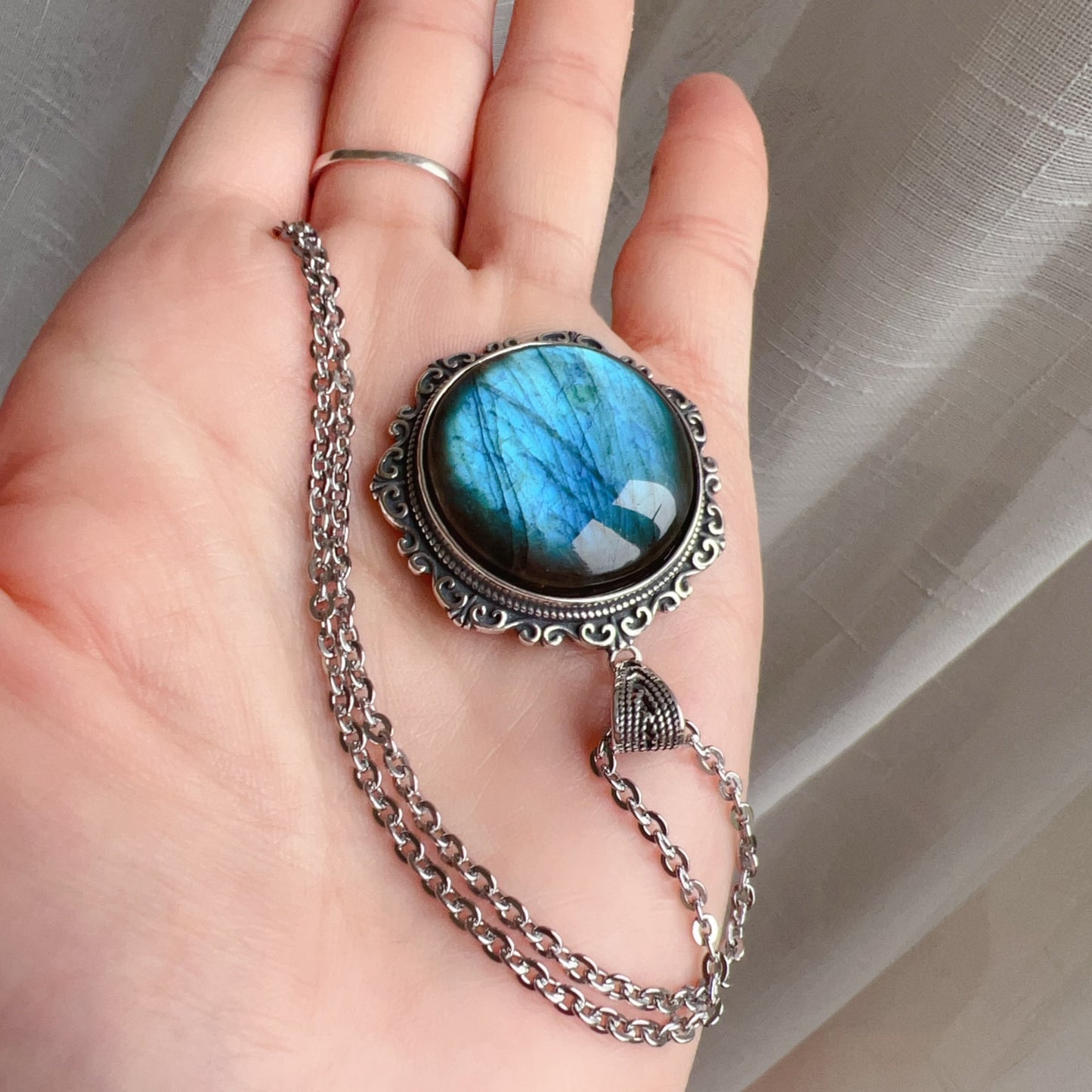 One And Only Strong Blue Flash Labradorite Round Pendant Necklace | Handmade Natural Throat Chakra Healing Jewelry