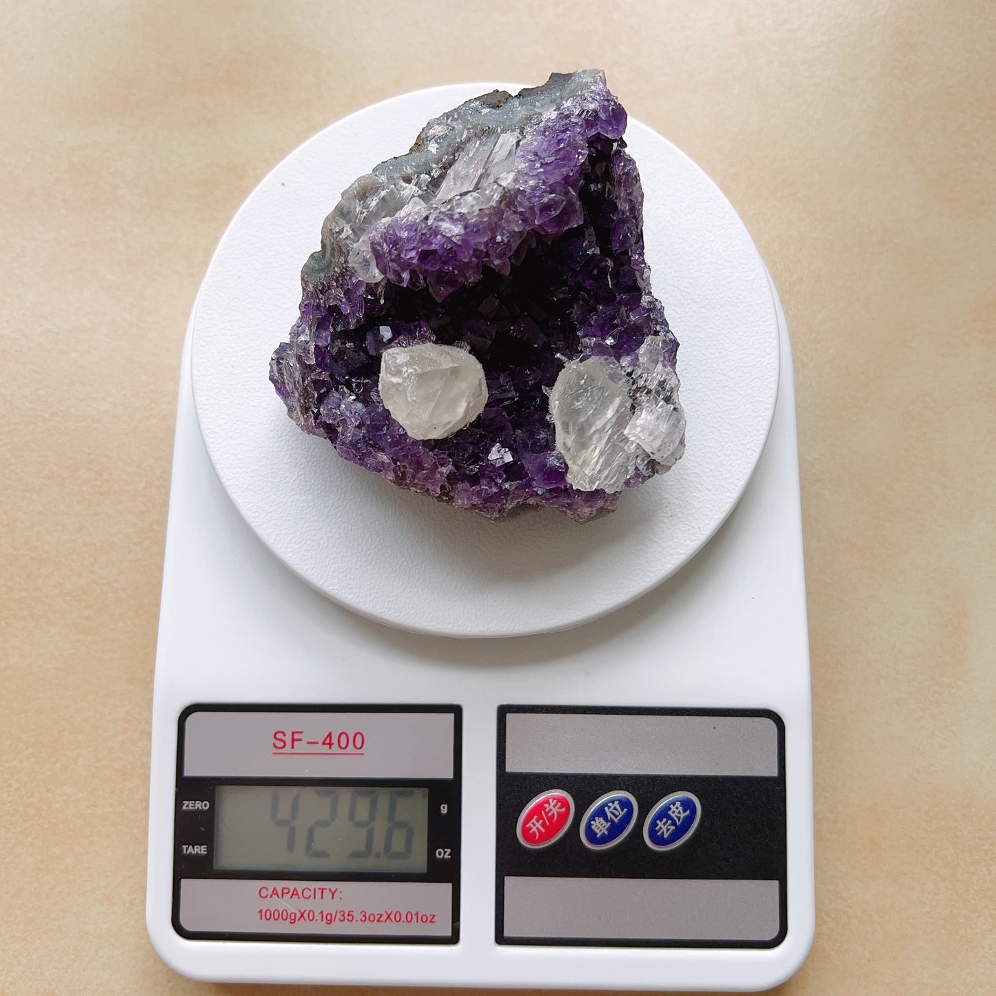 429.6G Natural Amethyst Raw Stone Geode With Calcite Crystal Inclusion