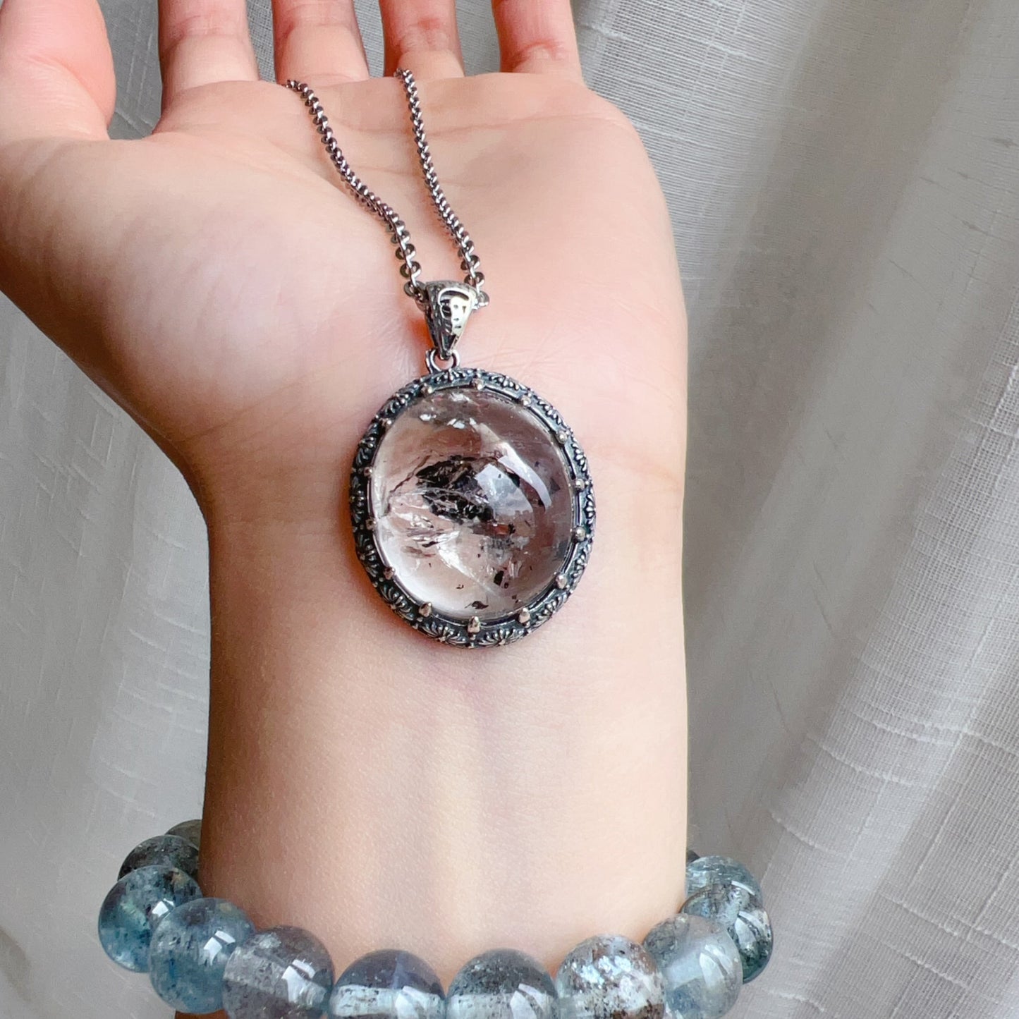 Rare Large Black Sand Enhydro Clear Quartz Pendant Necklace Handmade With 925 Sterling Silver