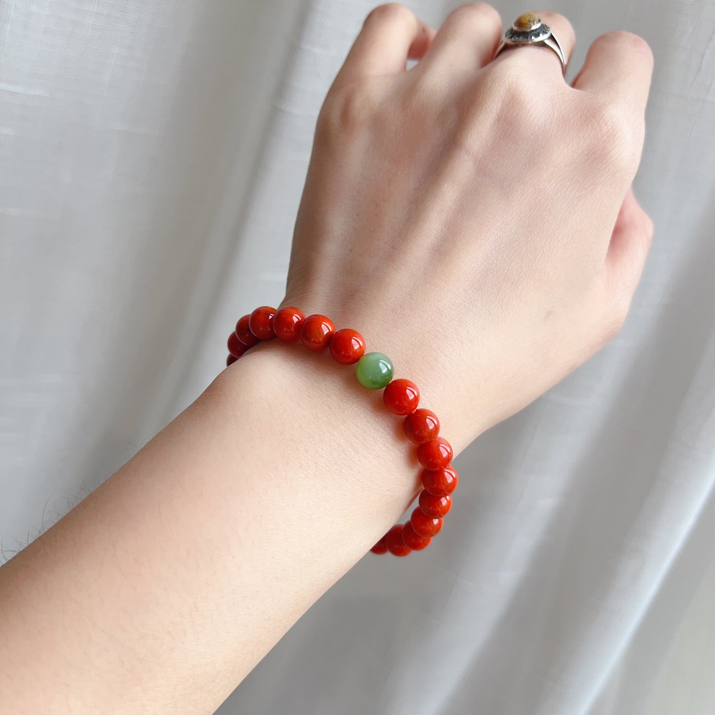 Handmade Nanhong Agate & Green Nephrite Bracelet | Natural Root Chakra Healing Jewelry For Love & Balance