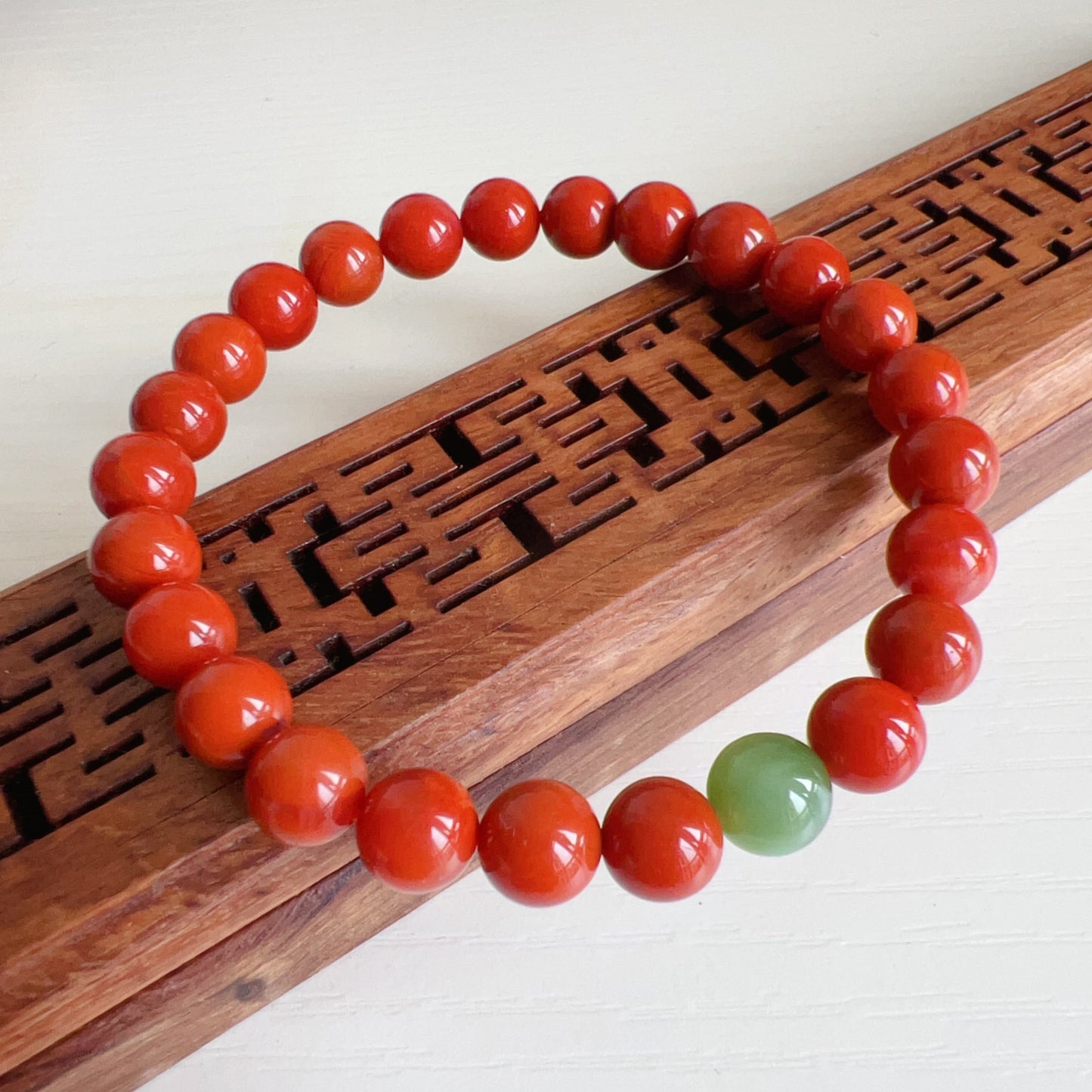 Handmade Nanhong Agate & Green Nephrite Bracelet | Natural Root Chakra Healing Jewelry For Love & Balance