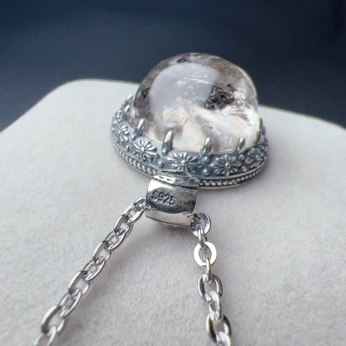 Rare Large Black Sand Enhydro Clear Quartz Pendant Necklace Handmade With 925 Sterling Silver