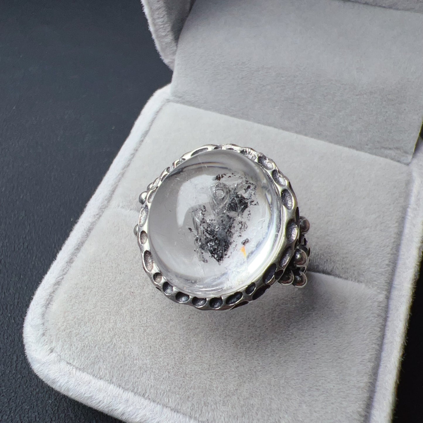 Large Black Sand Enhydro Crystal Quartz Ring | Handmade With 925 Sterling Silver Large Ring Size