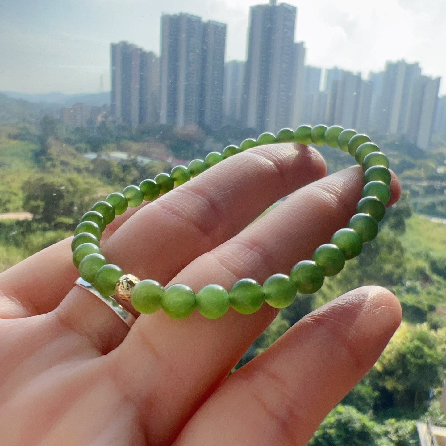 Green Nephrite Jade Bracelet With 18K Yellow Gold Faceted Bead | Natural Heart Chakra Healing Jewelry