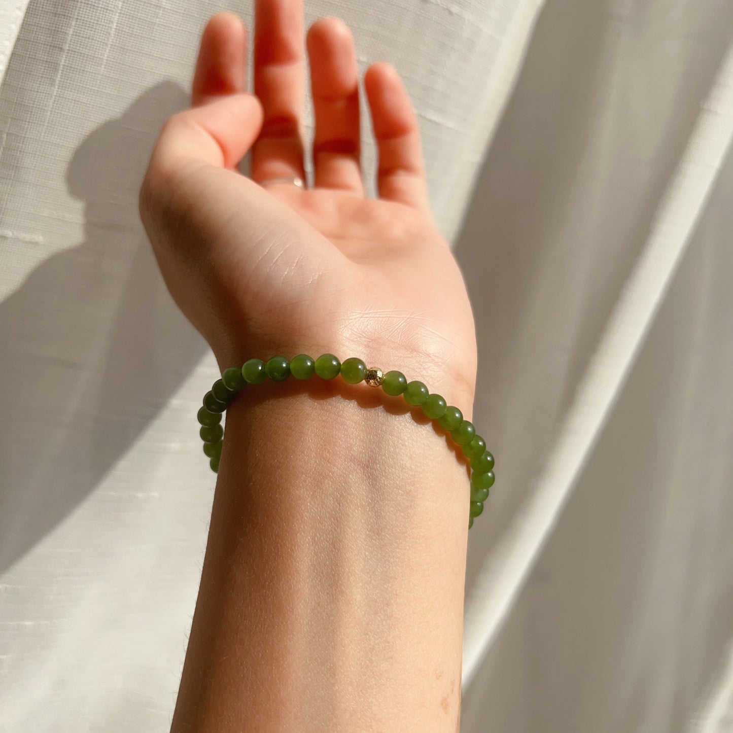 Green Nephrite Jade Bracelet With 18K Yellow Gold Faceted Bead | Natural Heart Chakra Healing Jewelry