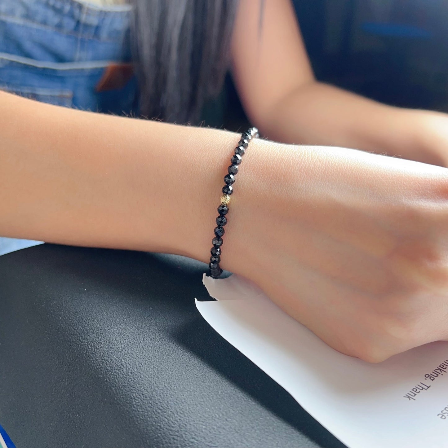 4Mm Top Grade Faceted Black Tourmaline Drawstring Bracelet With 18K Yellow Gold Bead | Handmade Healing Fashion Jewelry