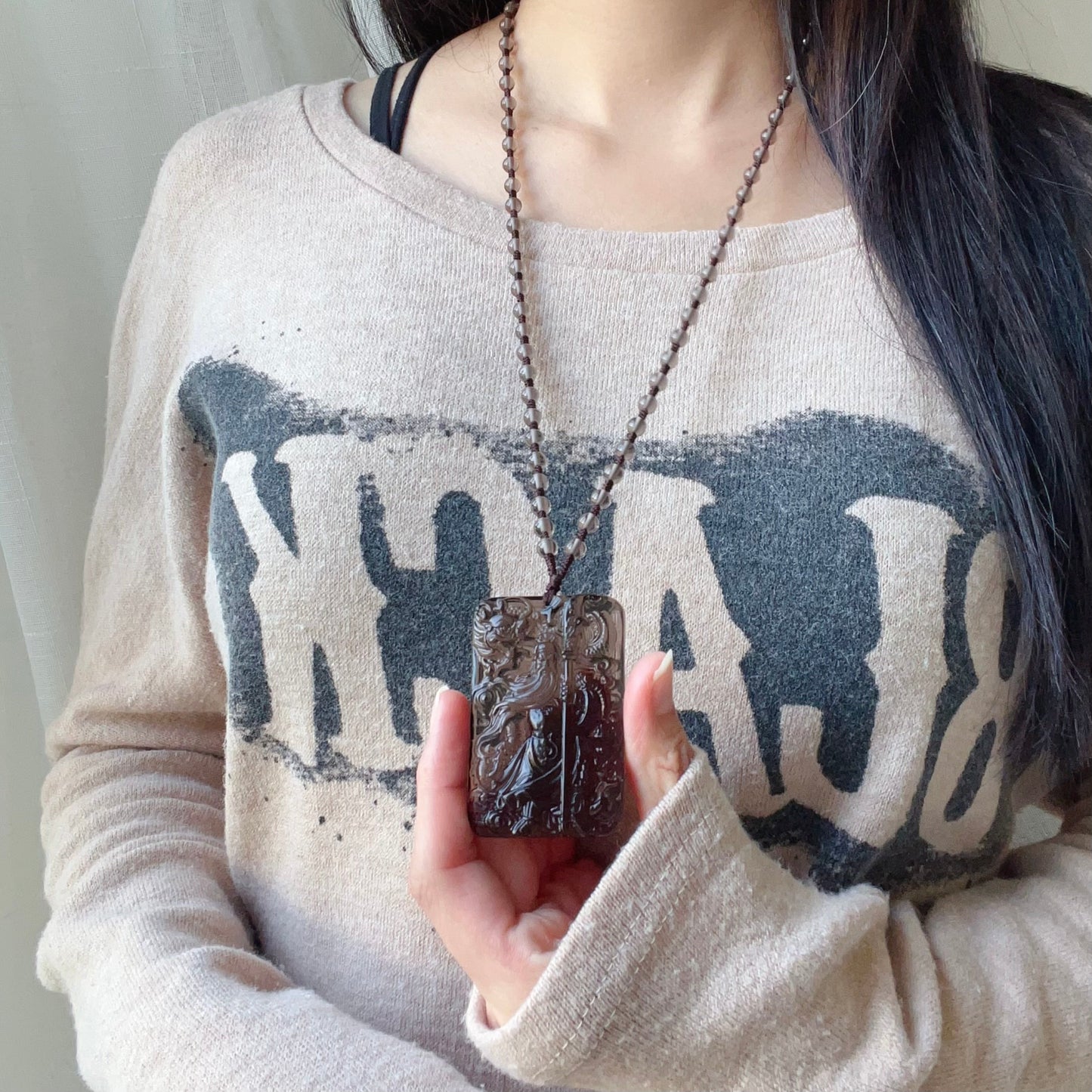 Top Grade Ice Obsidian Guan Yu Pendant With 5.5Mm Beaded Necklace | Grounding Protection Jewelry