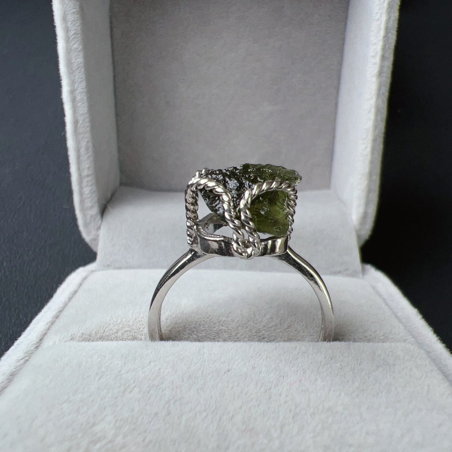 Genuine Moldavite Raw Stone Ring 925 Sterling Silver Wrapping | Rare High-Frequency Healing Stone