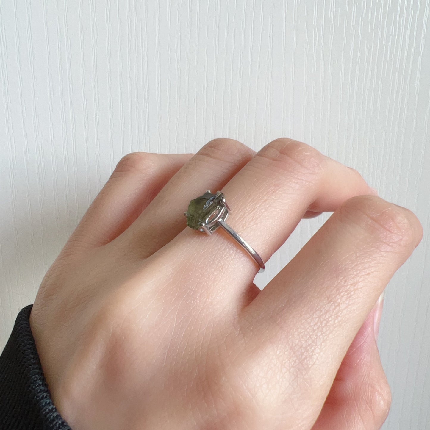Handmade Natural Moldavite Raw Stone Ring 925 Sterling Silver Prongs | Rare High-Frequency Healing Stone