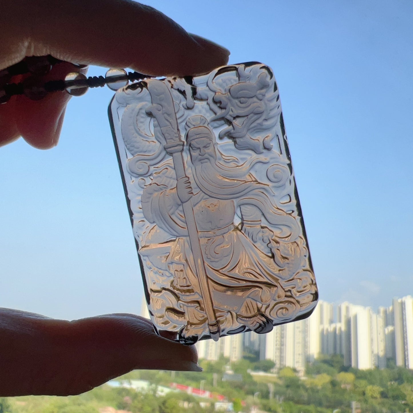 Top Grade Ice Obsidian Guan Yu Pendant With 5.5Mm Beaded Necklace | Grounding Protection Jewelry