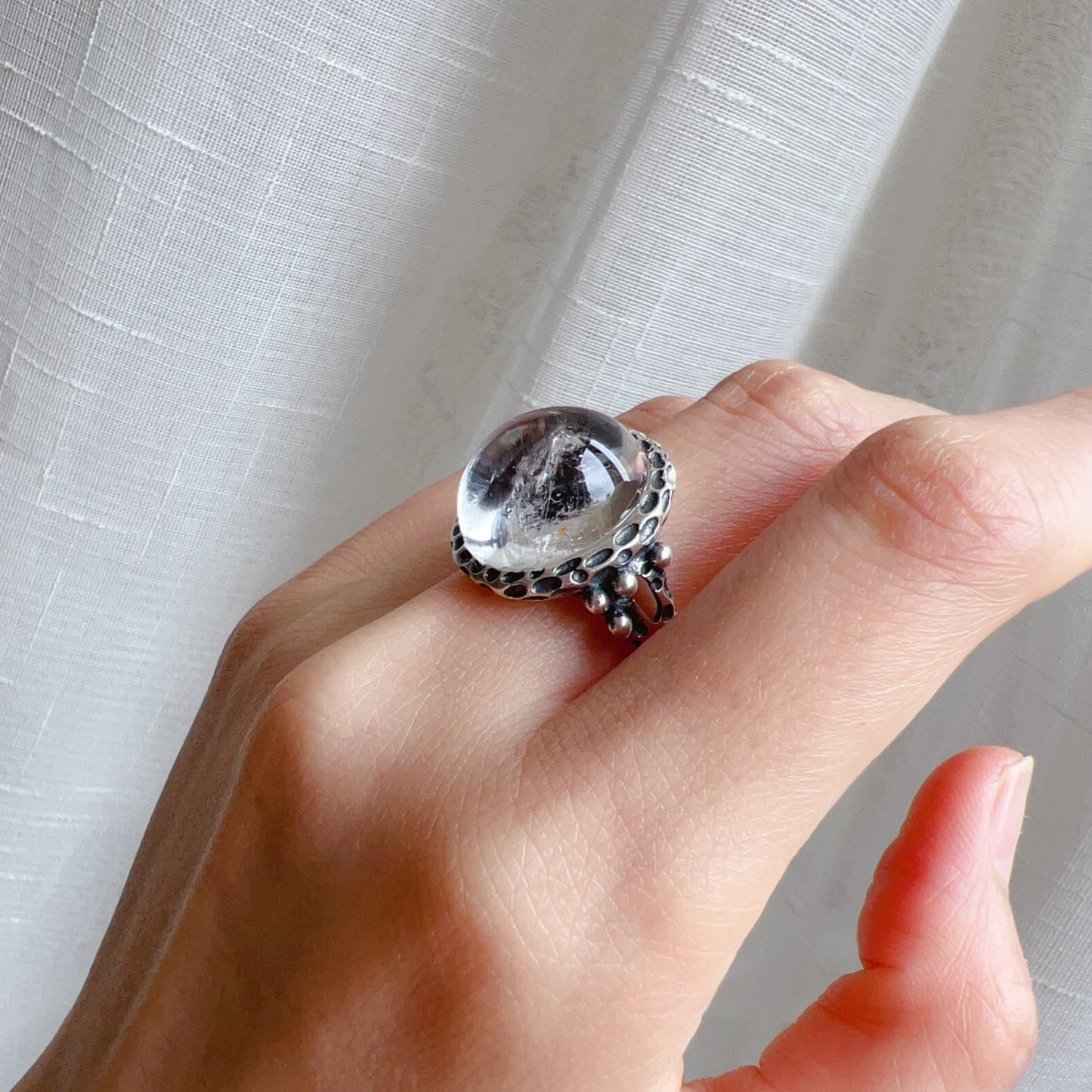 Large Black Sand Enhydro Crystal Quartz Ring | Handmade With 925 Sterling Silver Large Ring Size