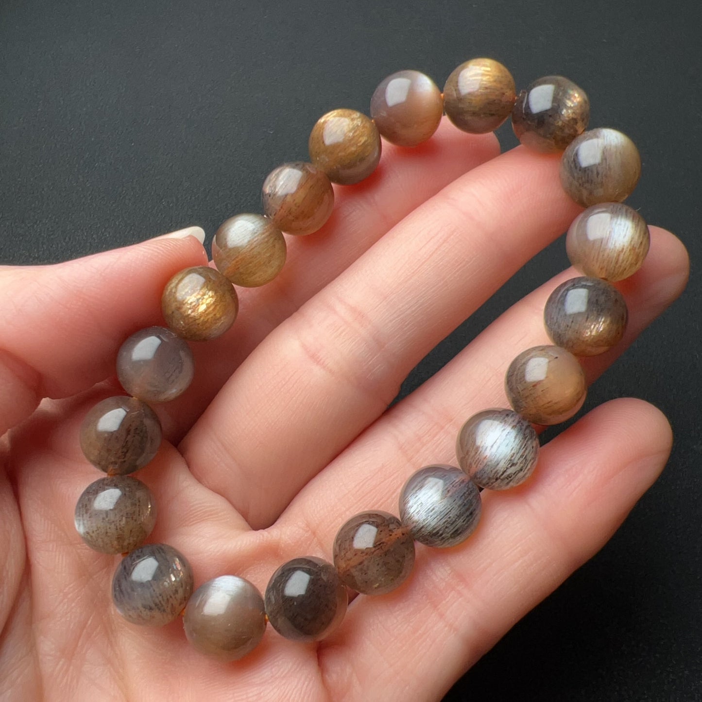 9.5Mm High-Quality Golden Black Skeleton With Sunstone Inclusion Crystal Bracelet | Handmade Root And Sacral Chakra Healing Crystal Jewelry