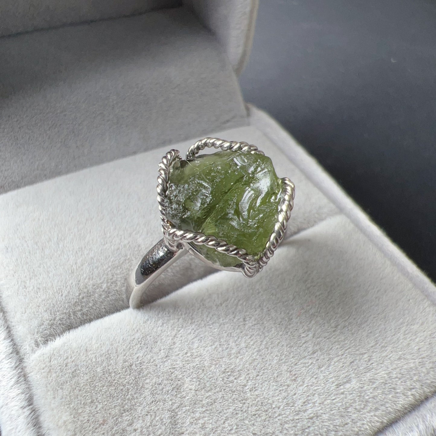 Handmade Genuine Moldavite Raw Stone Ring 925 Sterling Silver Wrapping | Rare High-Frequency Healing Stone