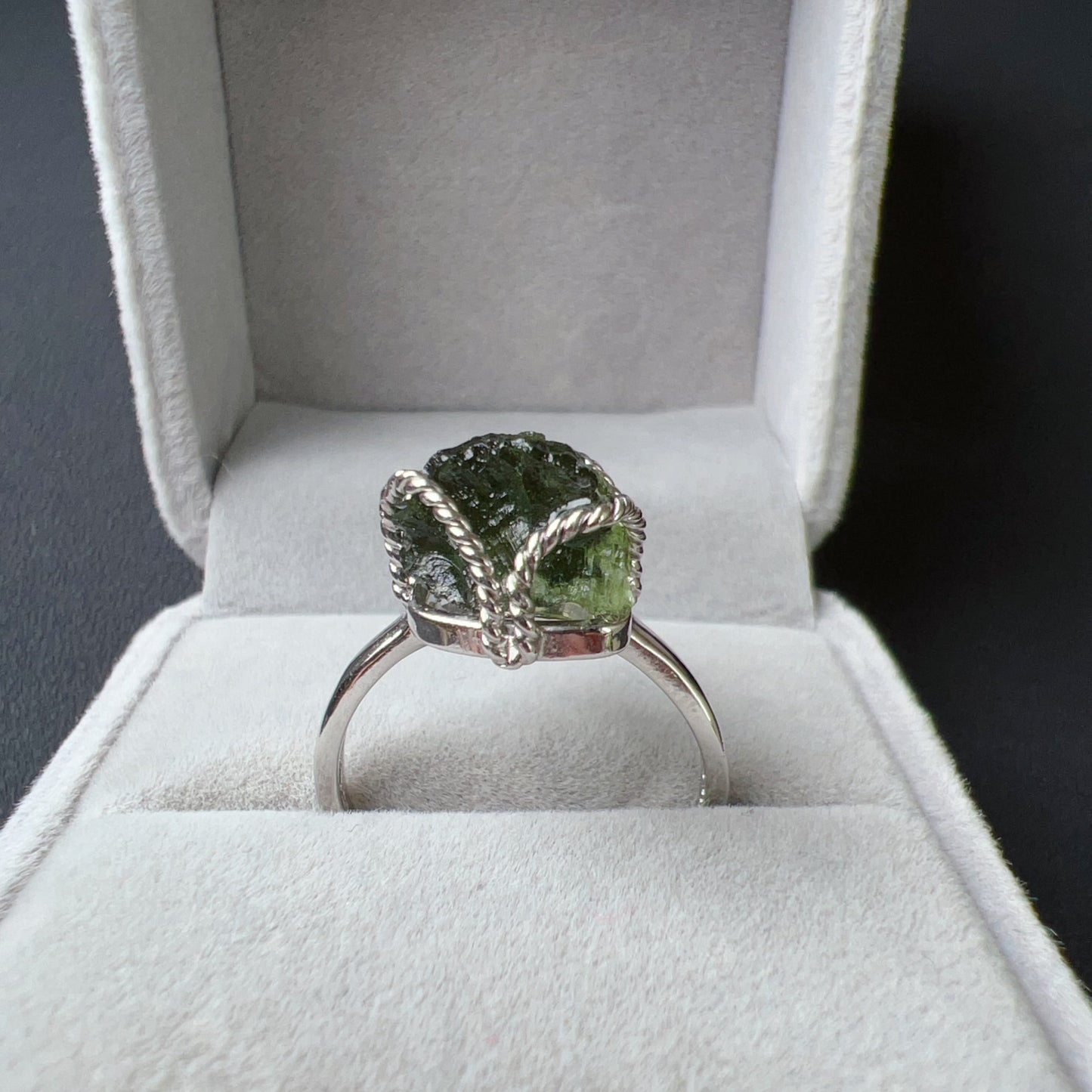 Best Green Color Genuine Moldavite Raw Stone Ring 925 Sterling Silver Wrapping | Rare High-Frequency Healing Stone