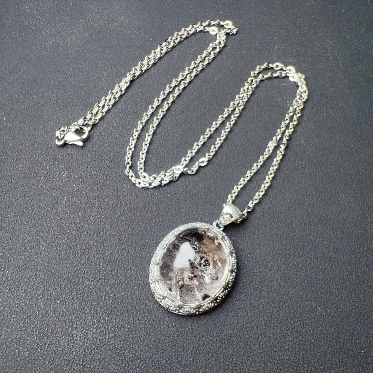 Rare Large Black Sand Enhydro Clear Quartz Pendant Necklace Handmade With 925 Sterling Silver