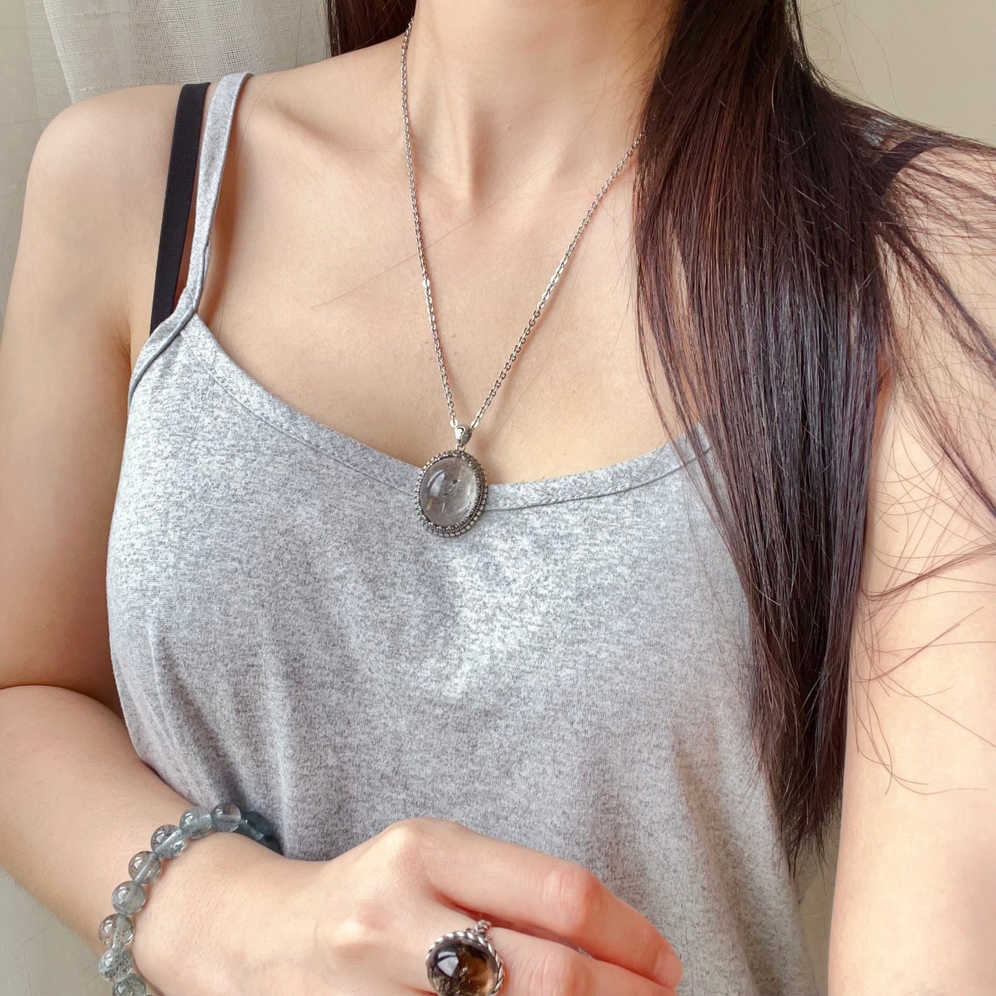 One And Only Rare Large Black Sand Enhydro Quartz Crystal Pendant Necklace Handmade With 925 Sterling Silver