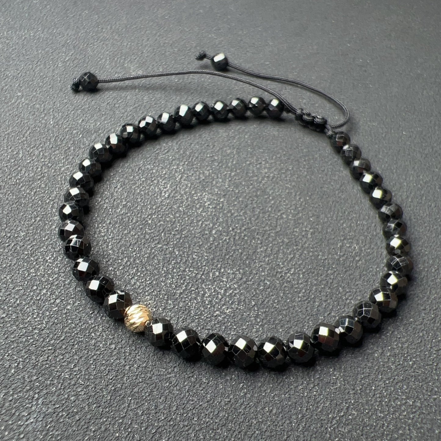 4Mm Top Grade Faceted Black Tourmaline Drawstring Bracelet With 18K Yellow Gold Bead | Handmade Healing Fashion Jewelry