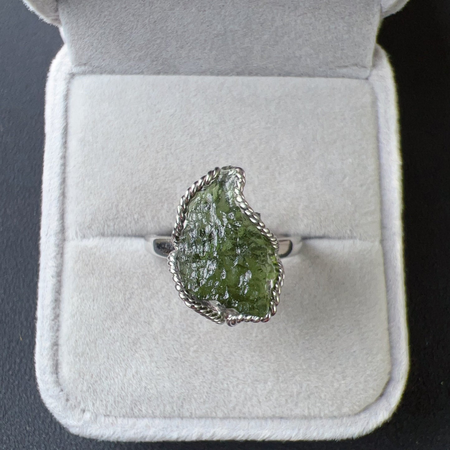 Best Green Color Genuine Moldavite Raw Stone Ring 925 Sterling Silver Wrapping | Rare High-Frequency Healing Stone