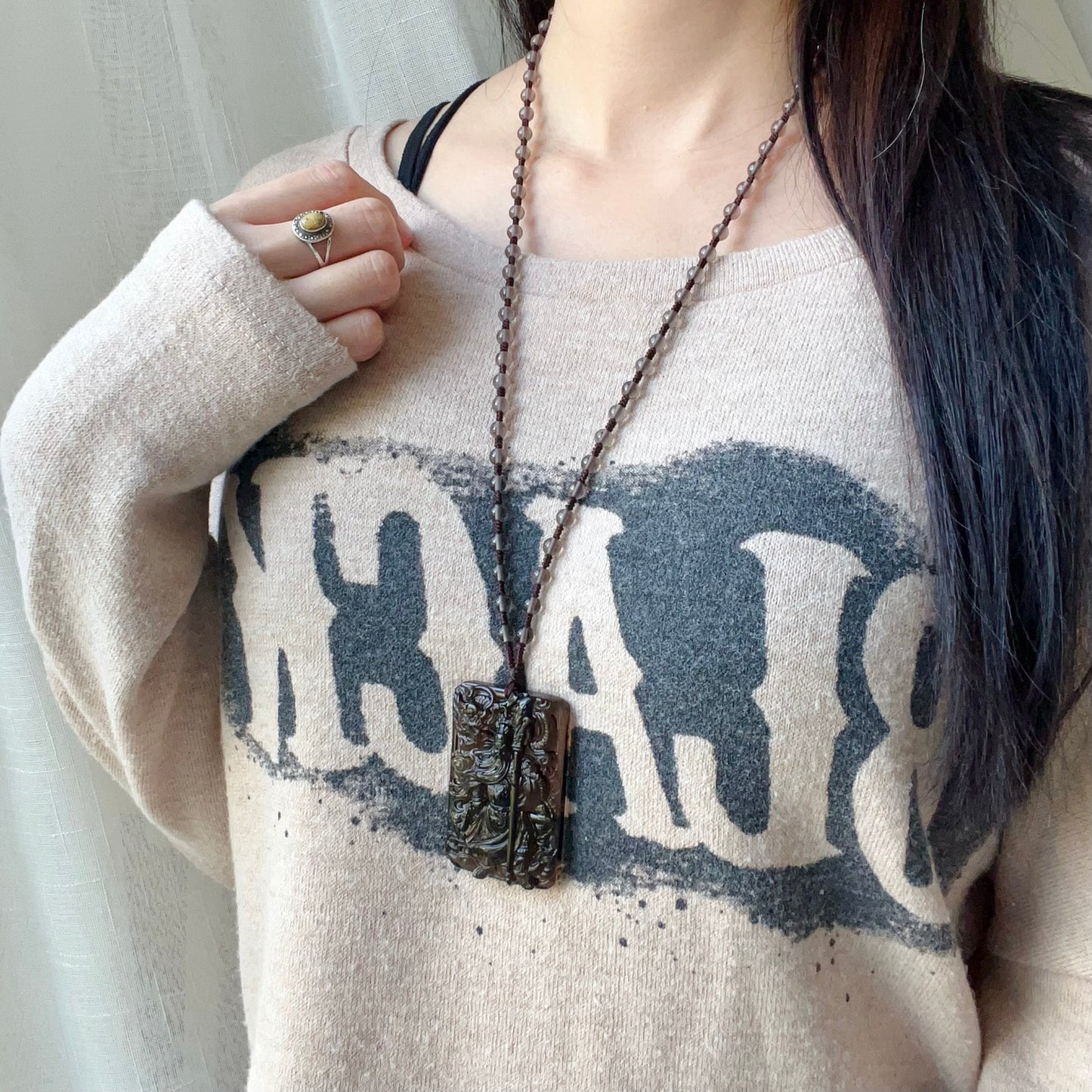 Top Grade Ice Obsidian Guan Yu Pendant With 5.5Mm Beaded Necklace | Grounding Protection Jewelry