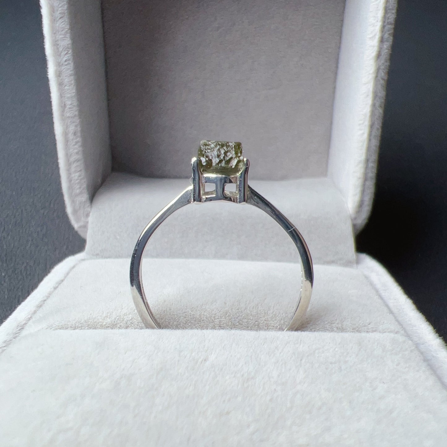 Handmade Natural Moldavite Raw Stone Ring 925 Sterling Silver Prongs | Rare High-Frequency Healing Stone