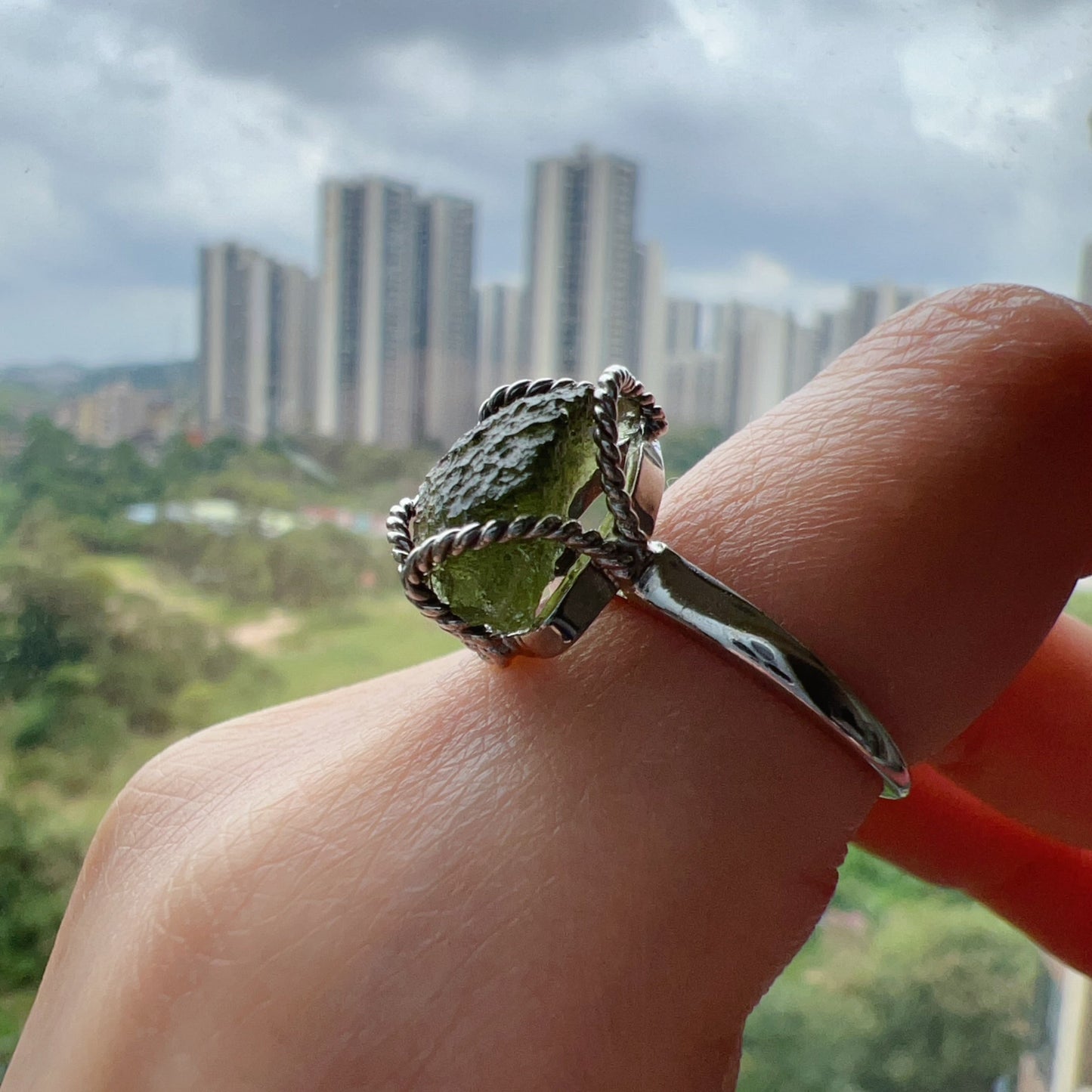 Genuine Moldavite Raw Stone Ring 925 Sterling Silver Wrapping | Rare High-Frequency Healing Stone
