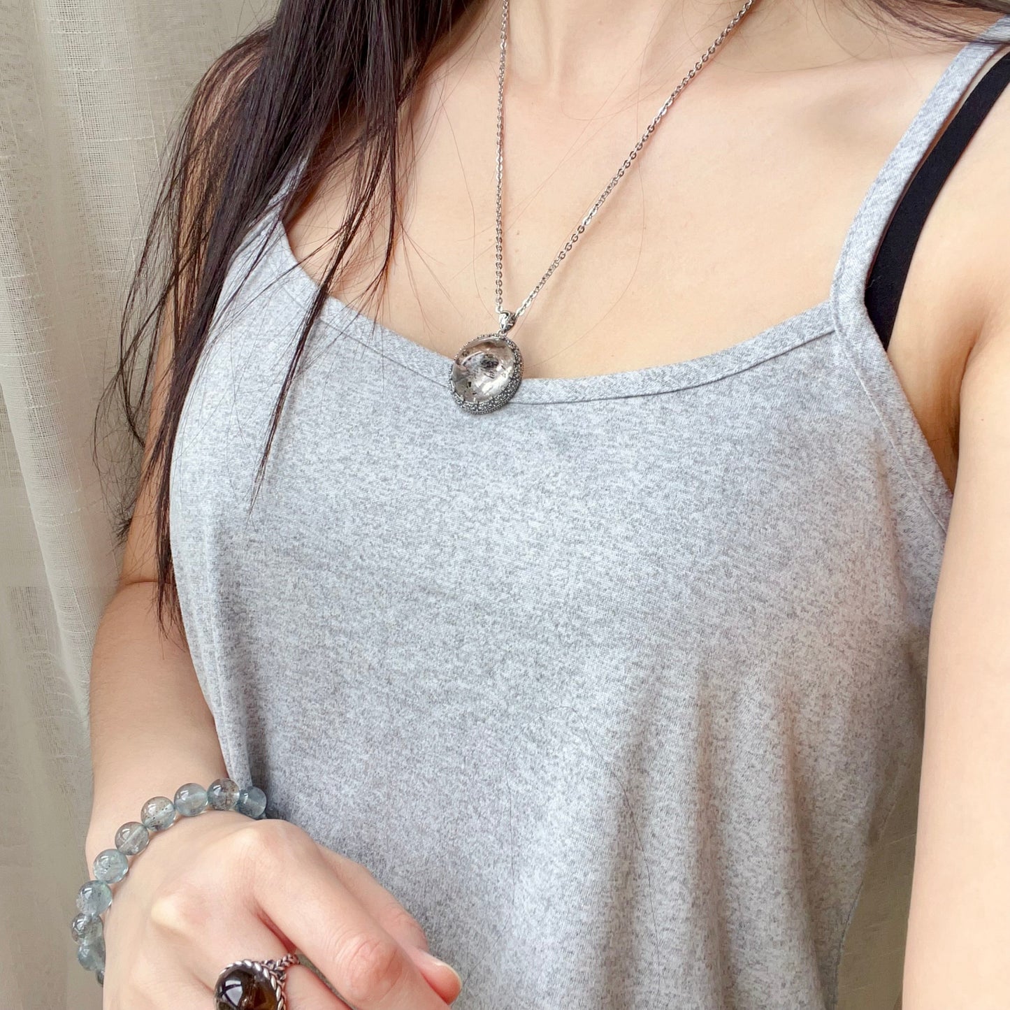 Rare Large Black Sand Enhydro Clear Quartz Pendant Necklace Handmade With 925 Sterling Silver