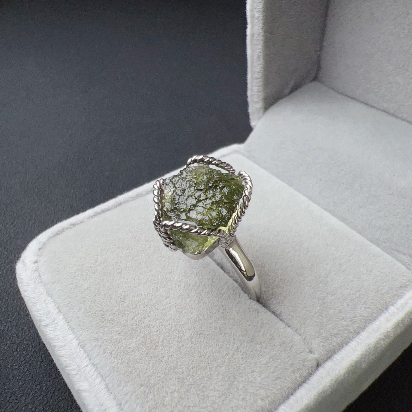 Genuine Moldavite Raw Stone Ring 925 Sterling Silver Wrapping | Rare High-Frequency Healing Stone