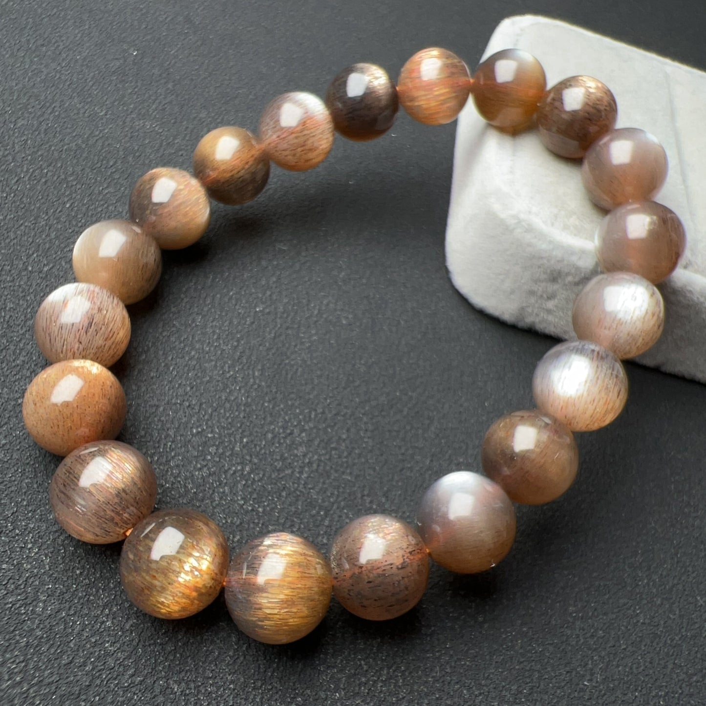 9.5Mm High-Quality Golden Black Skeleton With Sunstone Inclusion Crystal Bracelet | Handmade Root And Sacral Chakra Healing Crystal Jewelry