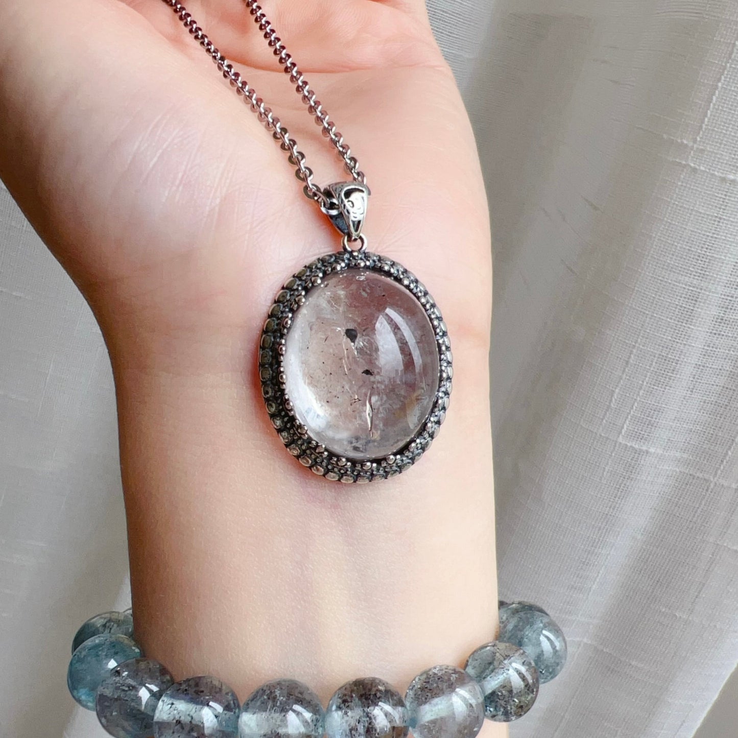 One And Only Rare Large Black Sand Enhydro Quartz Crystal Pendant Necklace Handmade With 925 Sterling Silver