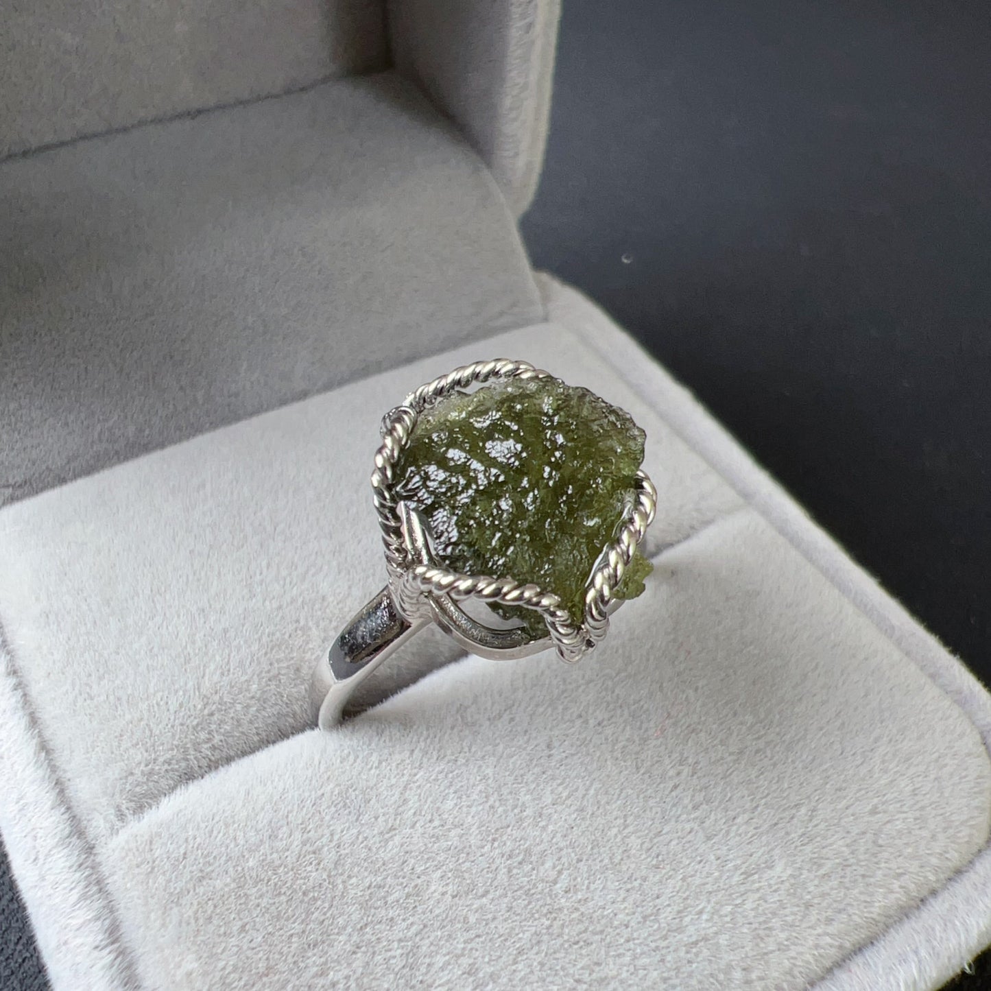 Genuine Moldavite Raw Stone Ring 925 Sterling Silver Wrapping | Rare High-Frequency Healing Stone