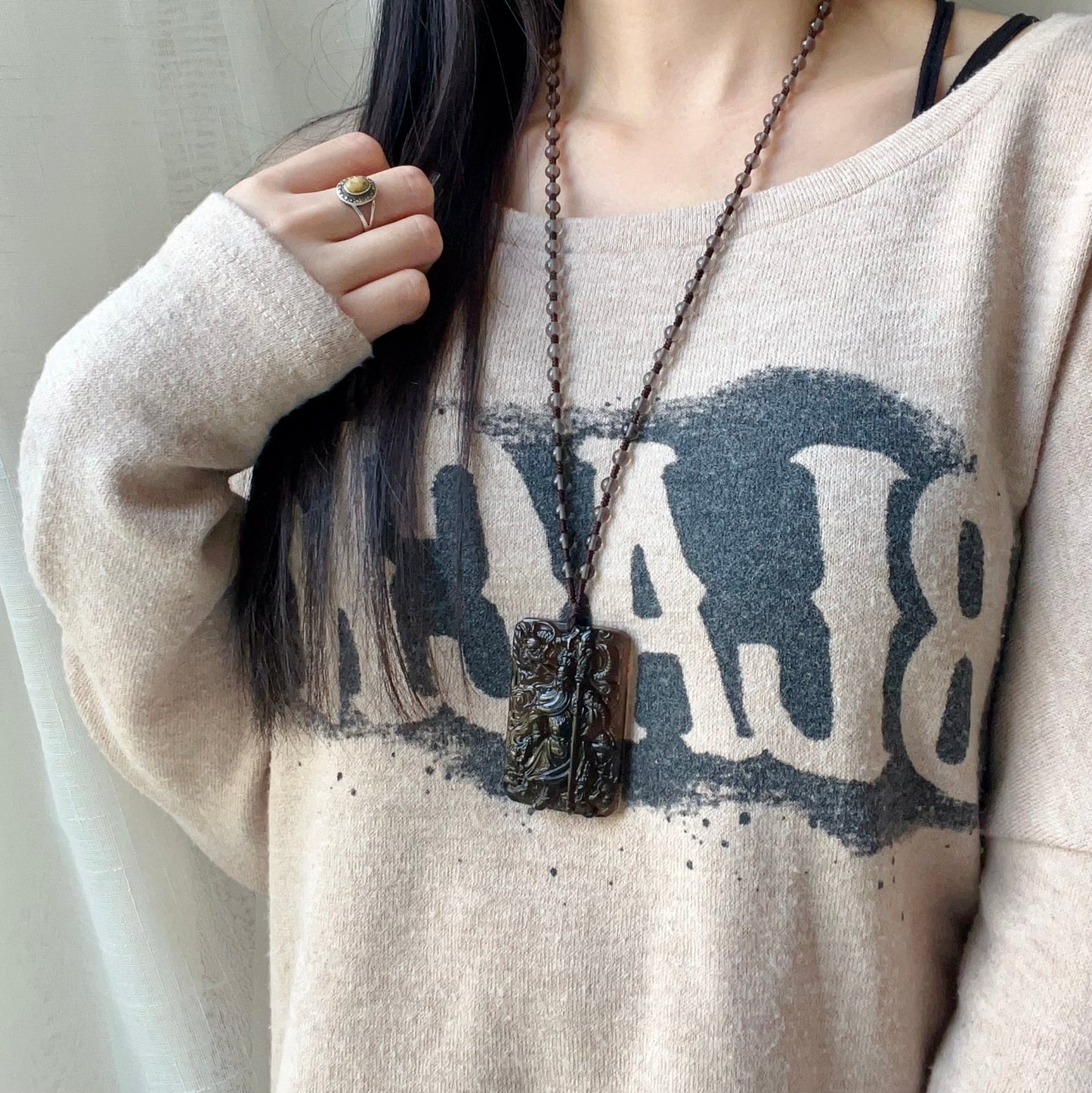 Top Grade Ice Obsidian Guan Yu Pendant With 5.5Mm Beaded Necklace | Grounding Protection Jewelry