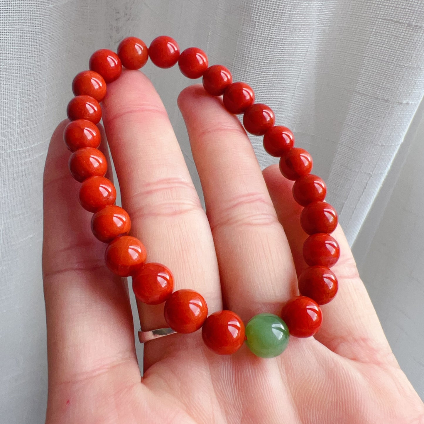 Handmade Nanhong Agate & Green Nephrite Bracelet | Natural Root Chakra Healing Jewelry For Love & Balance