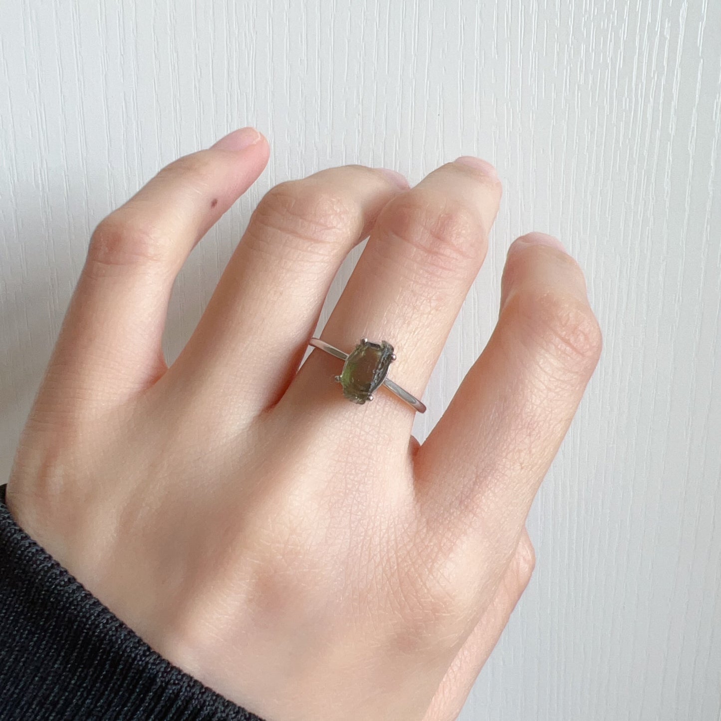 Handmade Natural Moldavite Raw Stone Ring 925 Sterling Silver Prongs | Rare High-Frequency Healing Stone