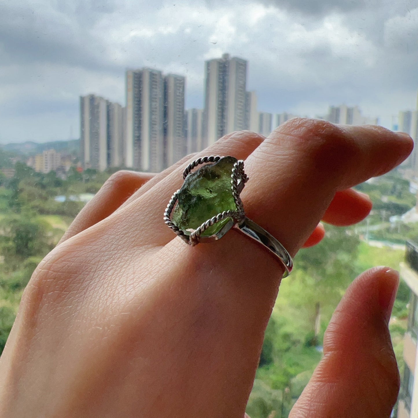 Best Green Color Genuine Moldavite Raw Stone Ring Handmade With 925 Sterling Silver Wrapping | Rare High-Frequency Healing Stone