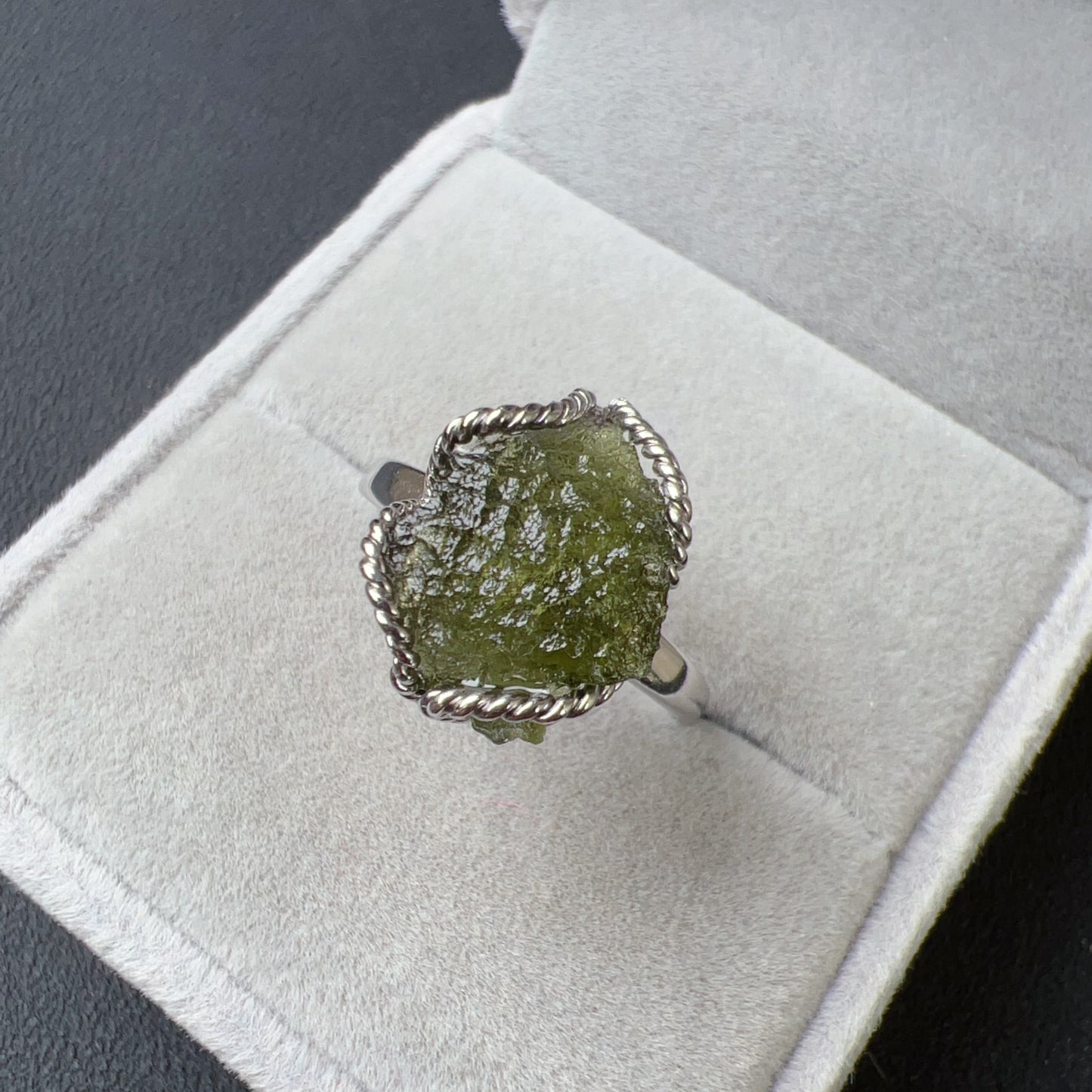 Genuine Moldavite Raw Stone Ring 925 Sterling Silver Wrapping | Rare High-Frequency Healing Stone