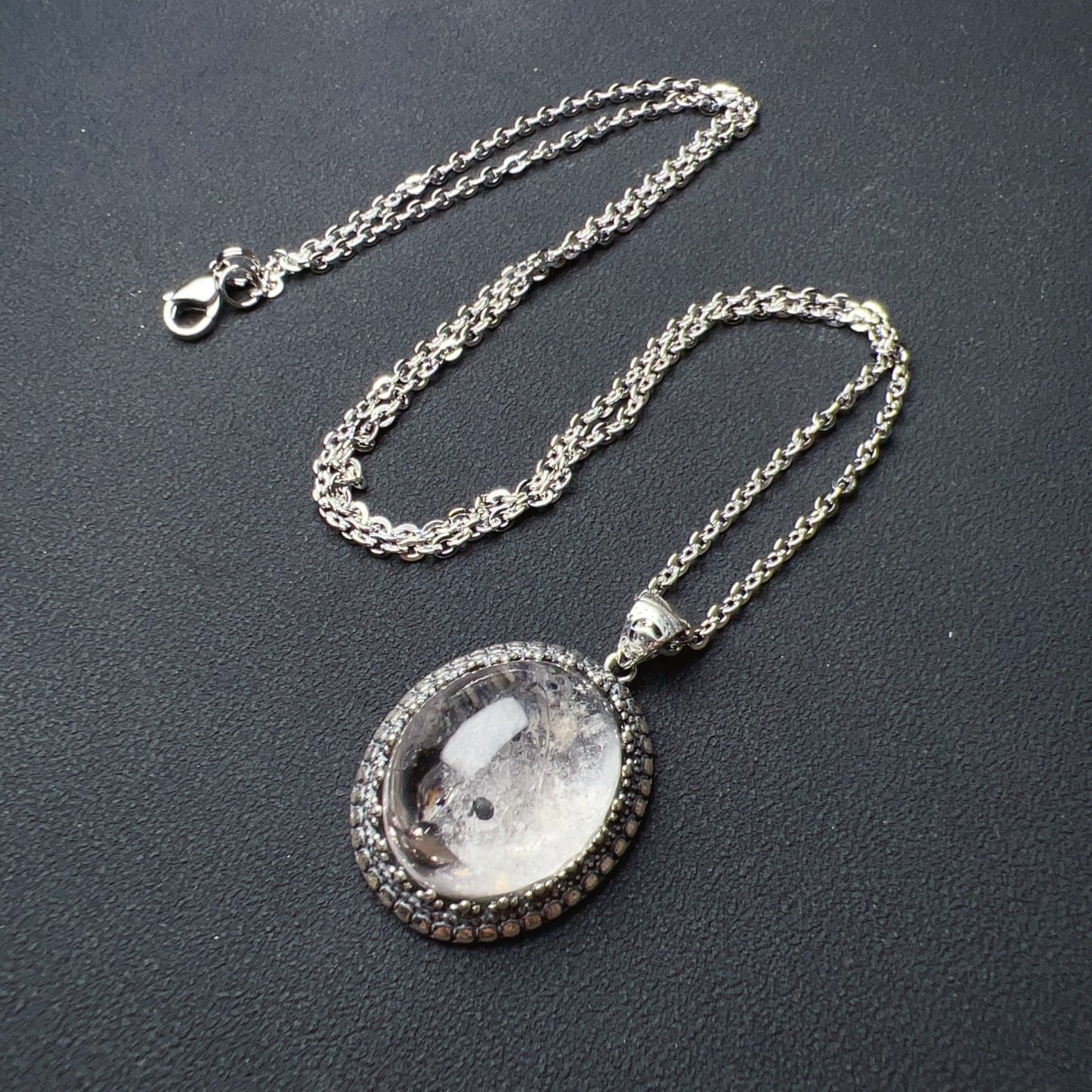 One And Only Rare Large Black Sand Enhydro Quartz Crystal Pendant Necklace Handmade With 925 Sterling Silver