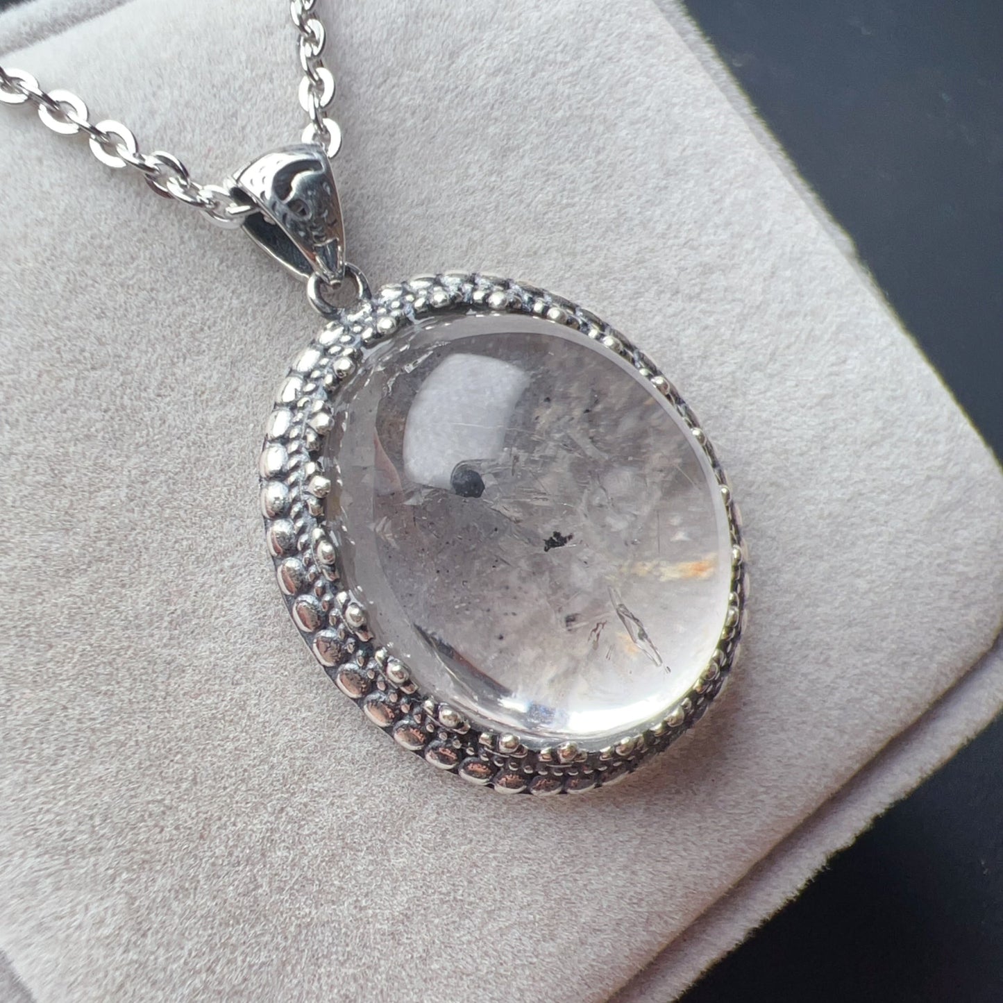 One And Only Rare Large Black Sand Enhydro Quartz Crystal Pendant Necklace Handmade With 925 Sterling Silver