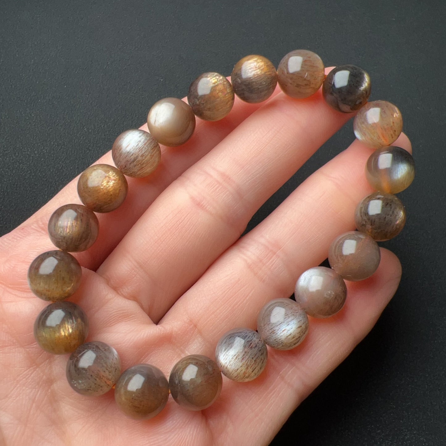 9.5Mm High-Quality Golden Black Skeleton With Sunstone Inclusion Crystal Bracelet | Handmade Root And Sacral Chakra Healing Crystal Jewelry