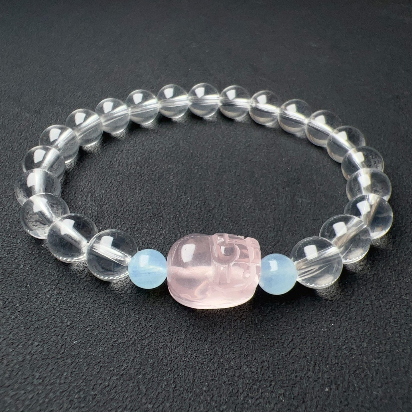 Natural Clear Quartz Bracelet With Rose Quartz Piuxiu Charm And Aquamarine | Customized Healing Jewelry