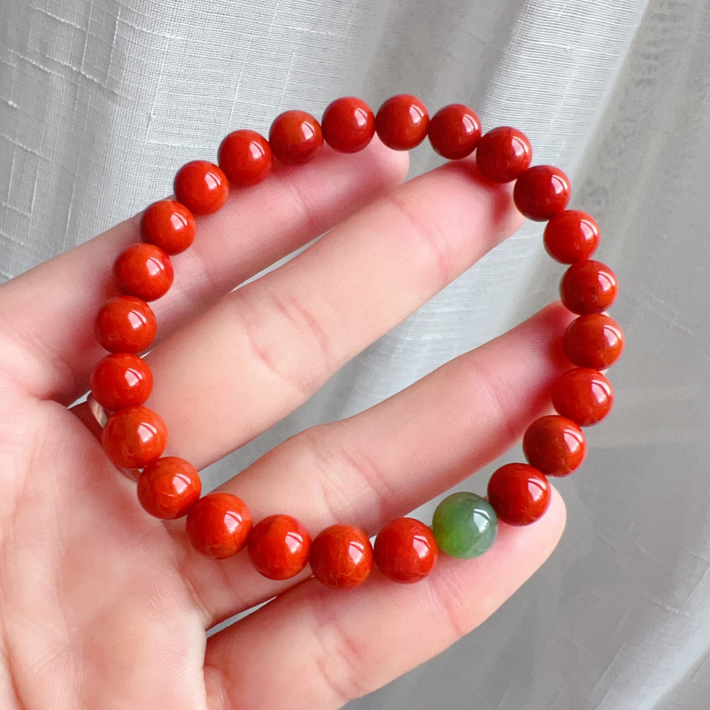 Handmade Nanhong Agate & Green Nephrite Bracelet | Natural Root Chakra Healing Jewelry For Love & Balance