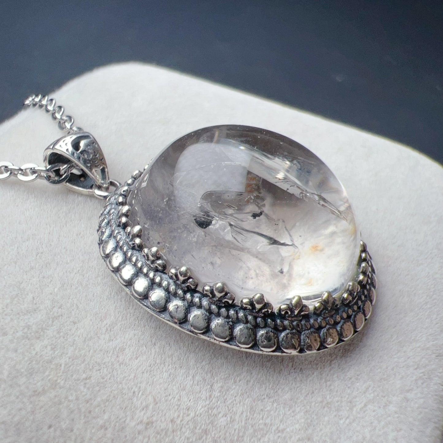 One And Only Rare Large Black Sand Enhydro Quartz Crystal Pendant Necklace Handmade With 925 Sterling Silver