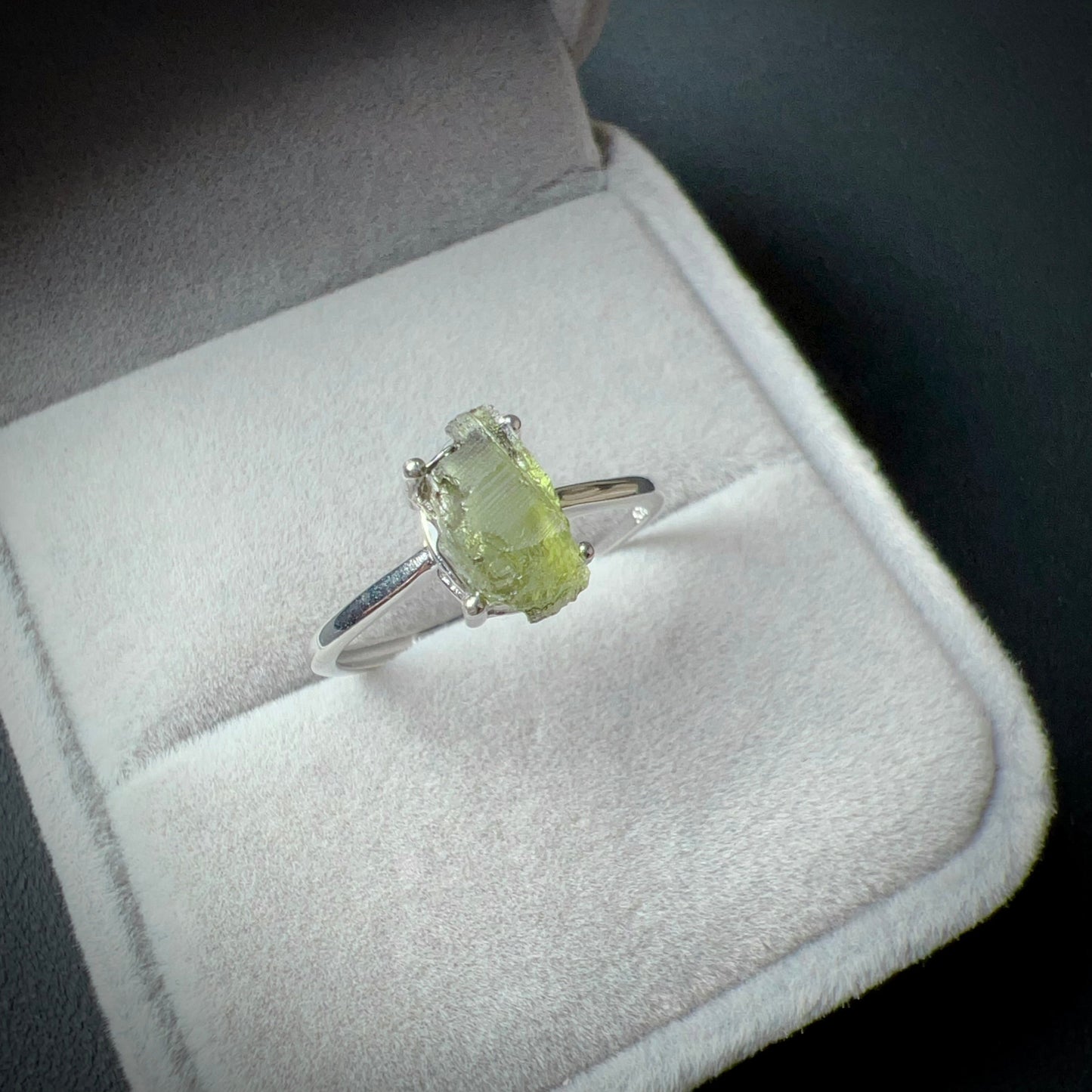 Handmade Natural Moldavite Raw Stone Ring 925 Sterling Silver Prongs | Rare High-Frequency Healing Stone