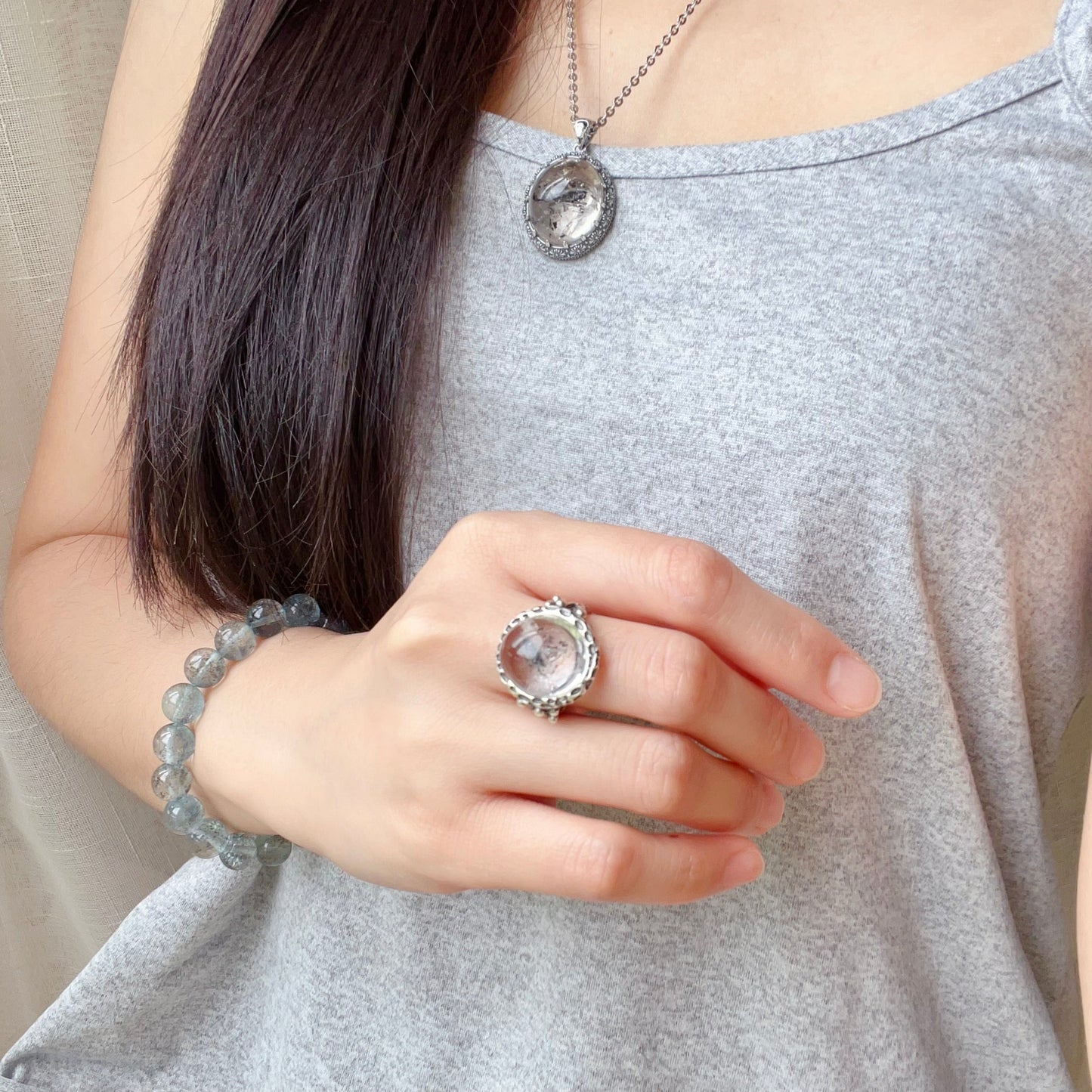 Large Black Sand Enhydro Crystal Quartz Ring | Handmade With 925 Sterling Silver Large Ring Size