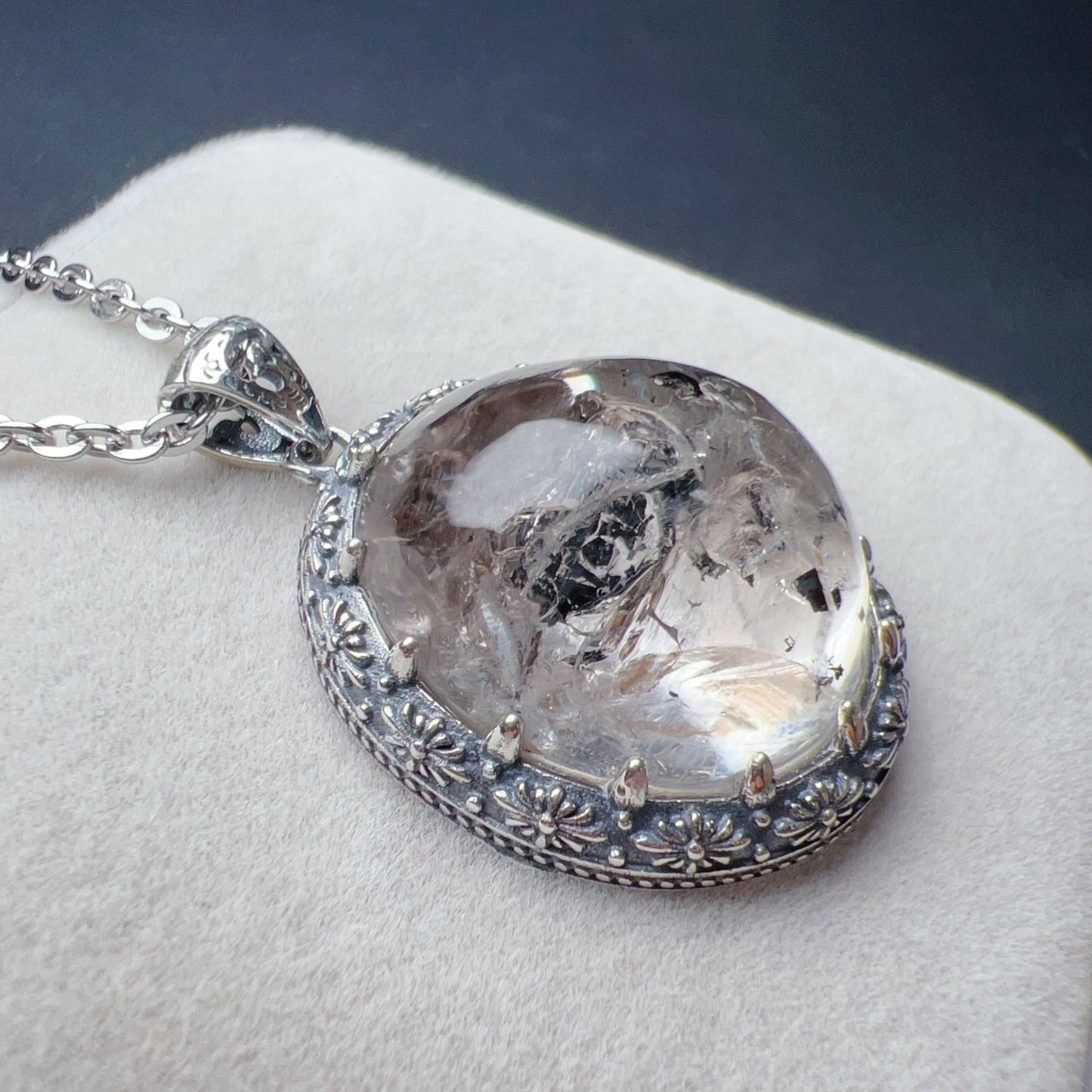 Rare Large Black Sand Enhydro Clear Quartz Pendant Necklace Handmade With 925 Sterling Silver