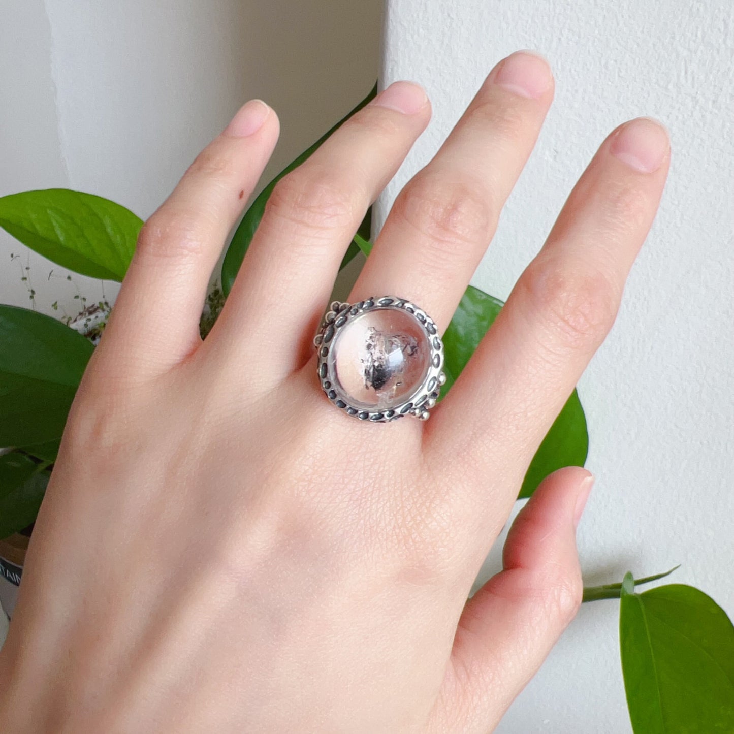 Large Black Sand Enhydro Crystal Quartz Ring | Handmade With 925 Sterling Silver Large Ring Size