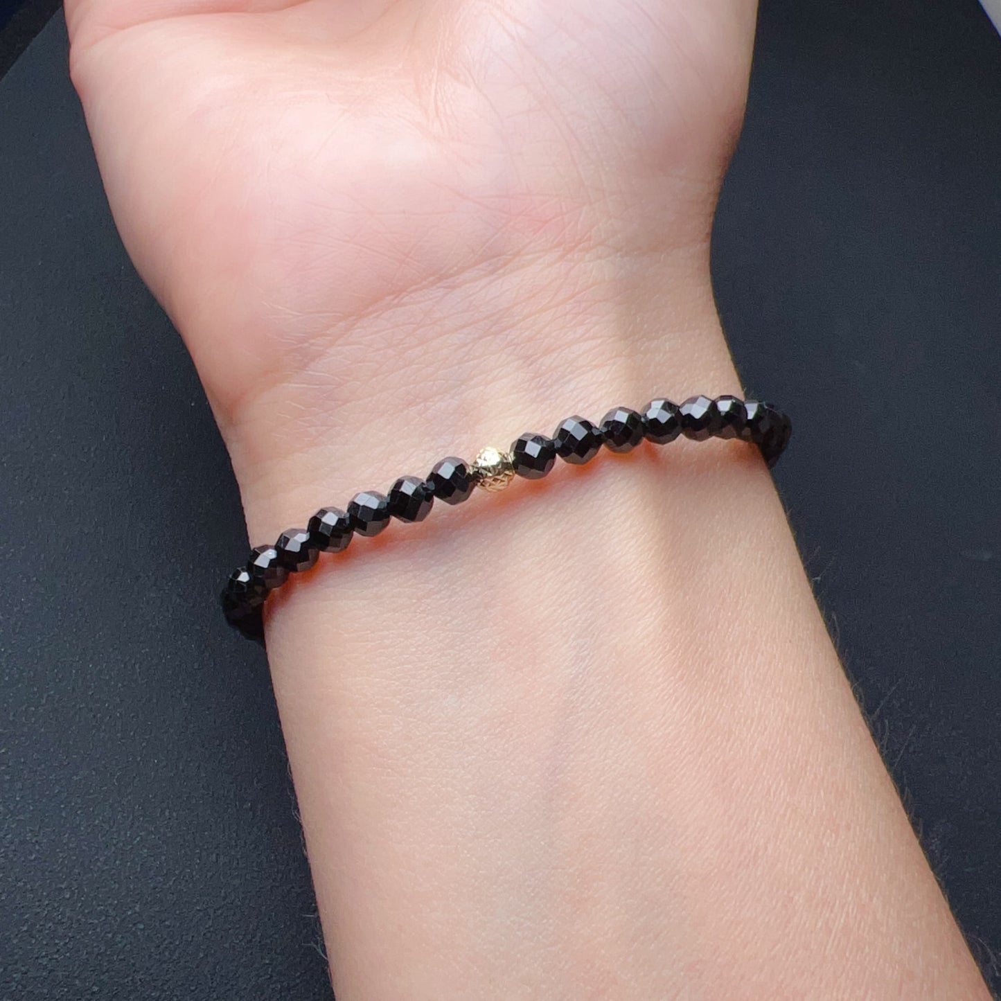 4Mm Top Grade Faceted Black Tourmaline Drawstring Bracelet With 18K Yellow Gold Bead | Handmade Healing Fashion Jewelry