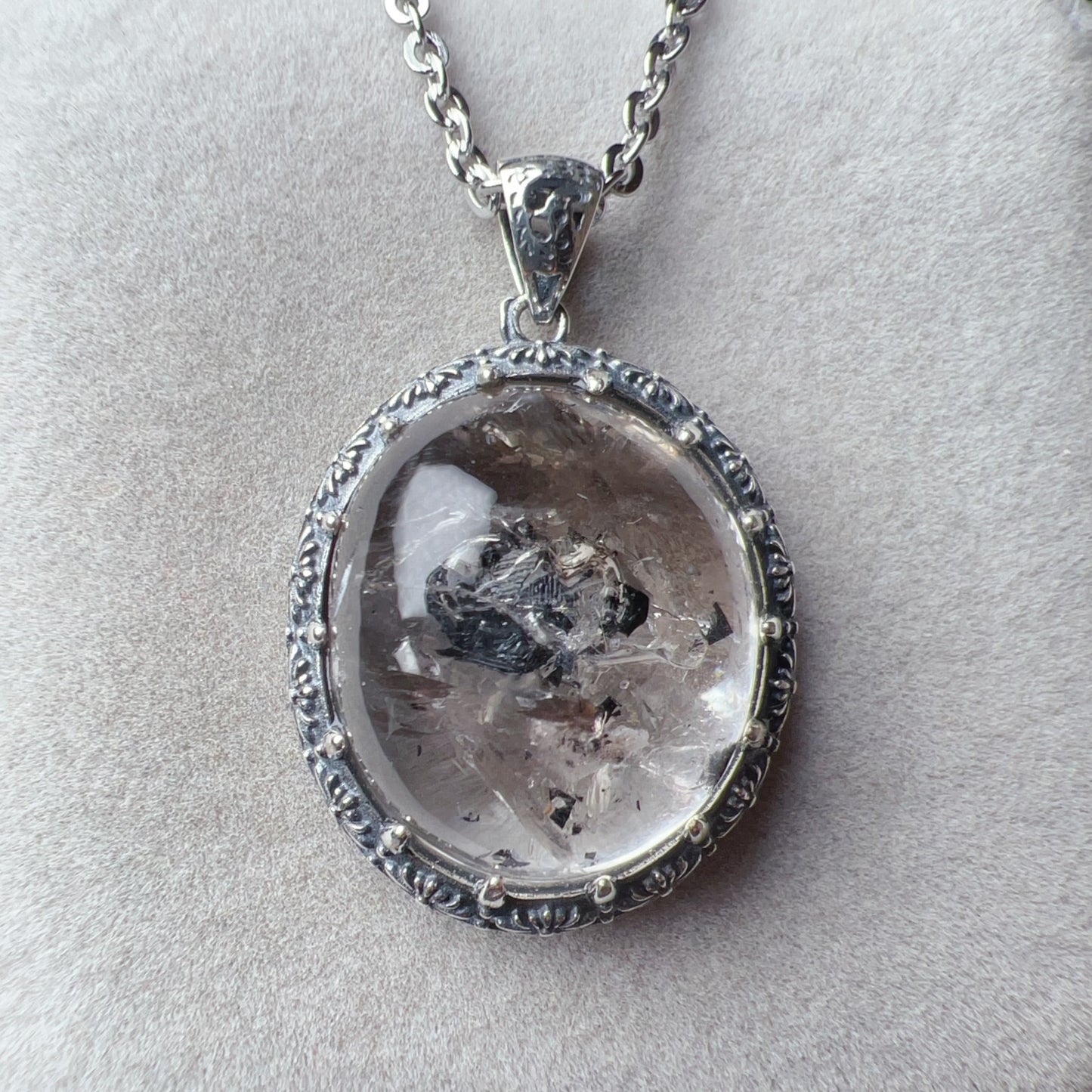 Rare Large Black Sand Enhydro Clear Quartz Pendant Necklace Handmade With 925 Sterling Silver