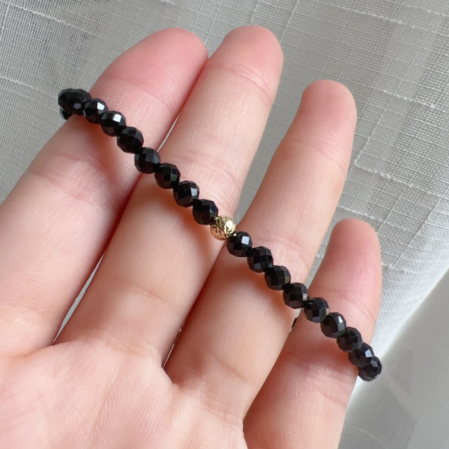 4Mm Top Grade Faceted Black Tourmaline Drawstring Bracelet With 18K Yellow Gold Bead | Handmade Healing Fashion Jewelry