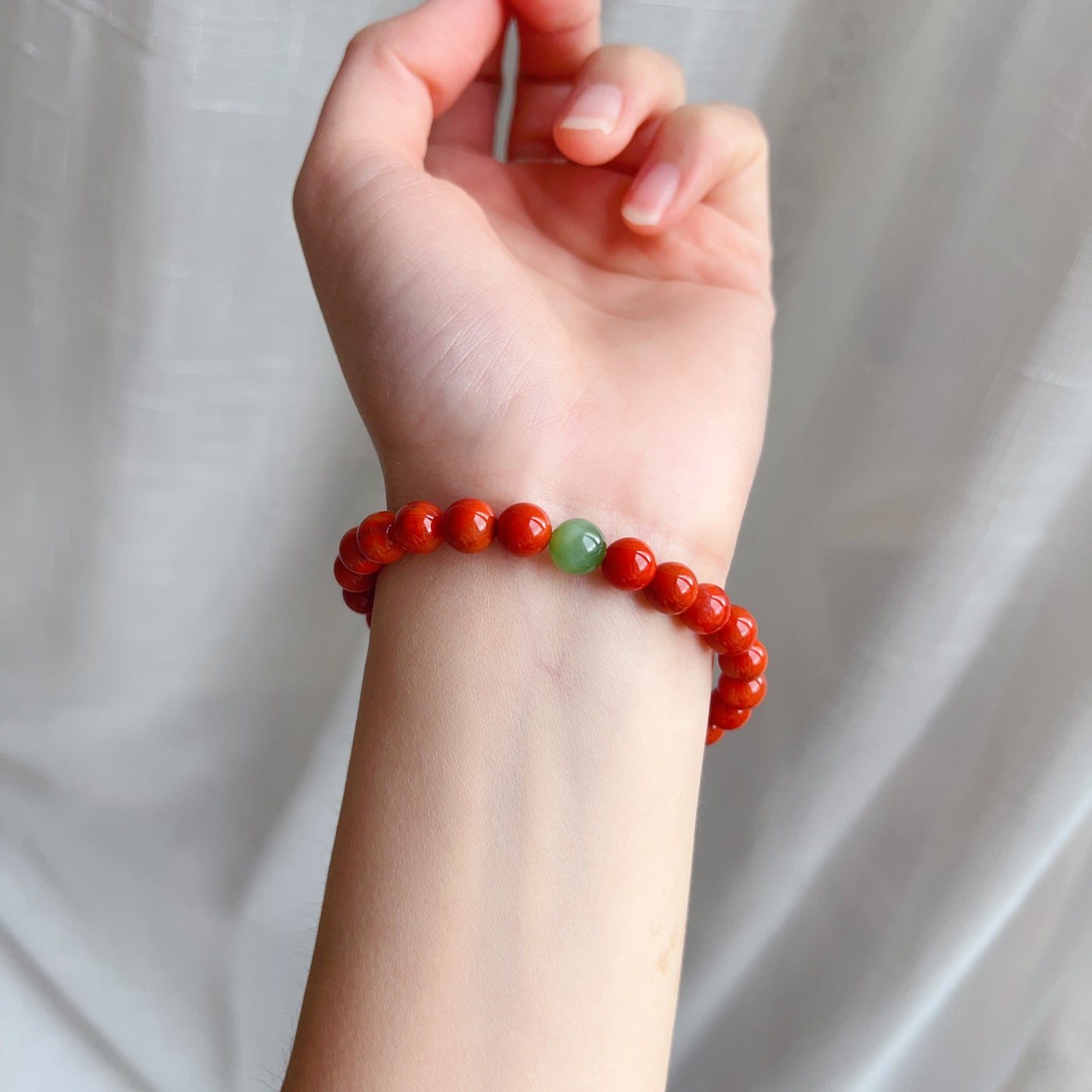 Handmade Nanhong Agate & Green Nephrite Bracelet | Natural Root Chakra Healing Jewelry For Love & Balance