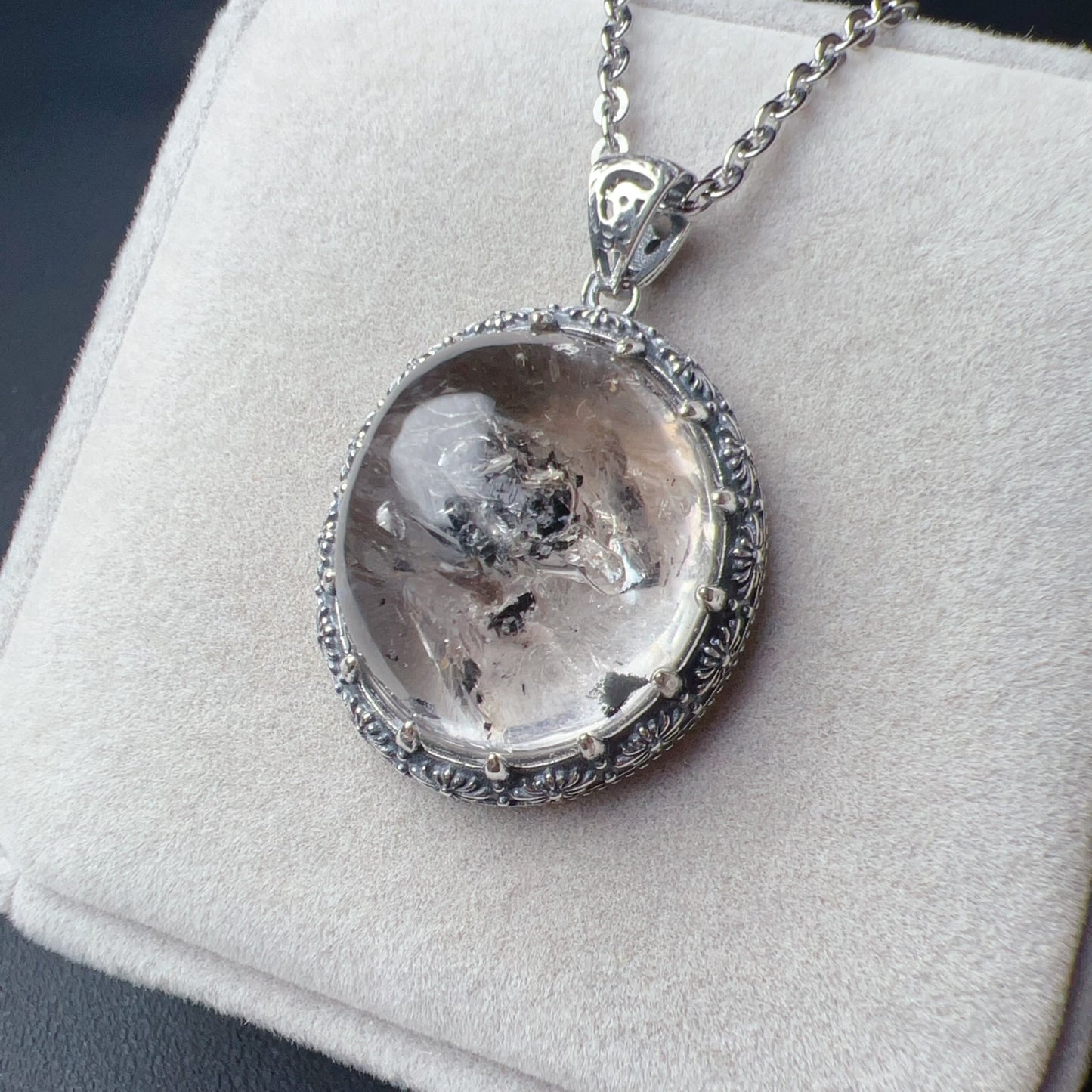 Rare Large Black Sand Enhydro Clear Quartz Pendant Necklace Handmade With 925 Sterling Silver